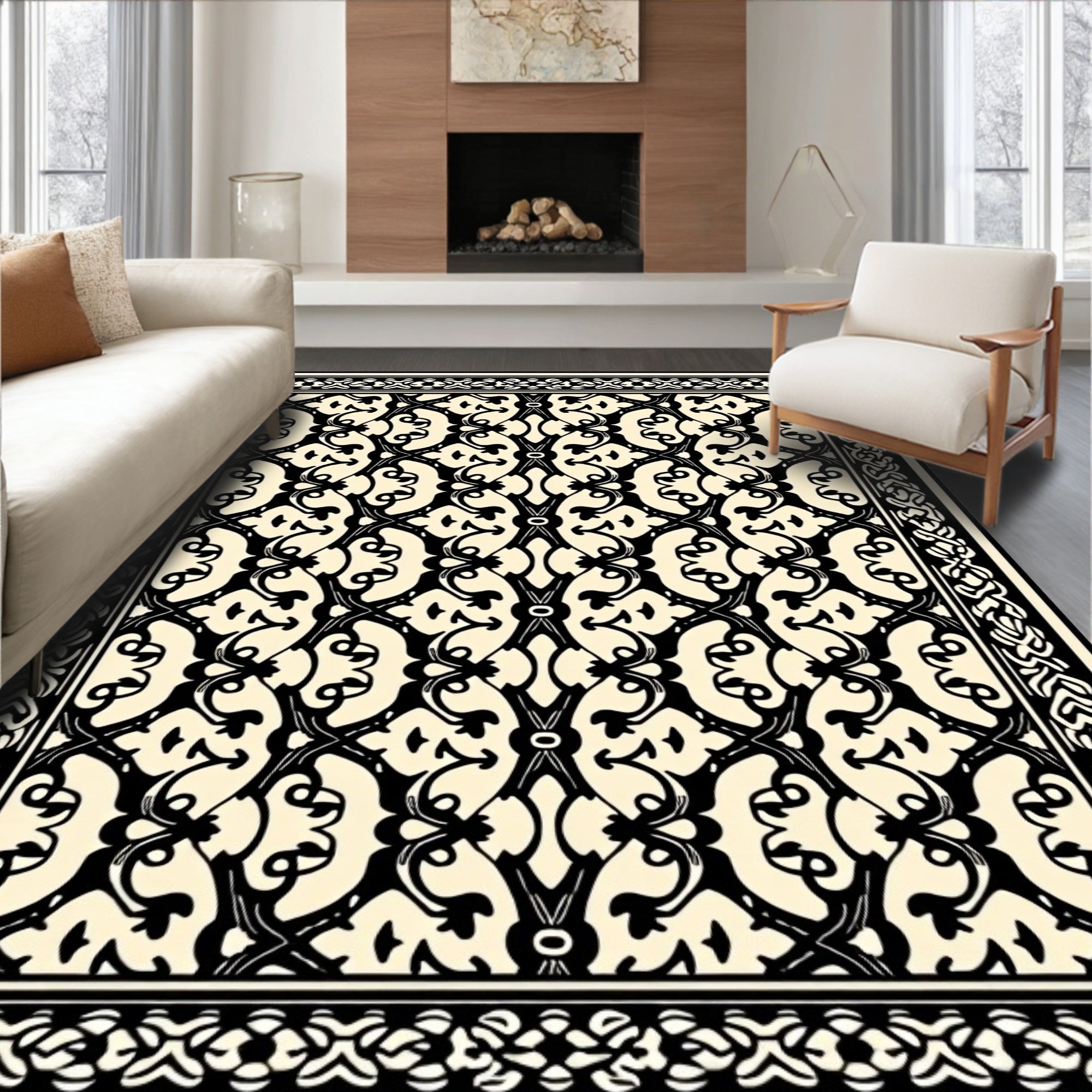Classic Black Cream Filigree Pattern Rug
