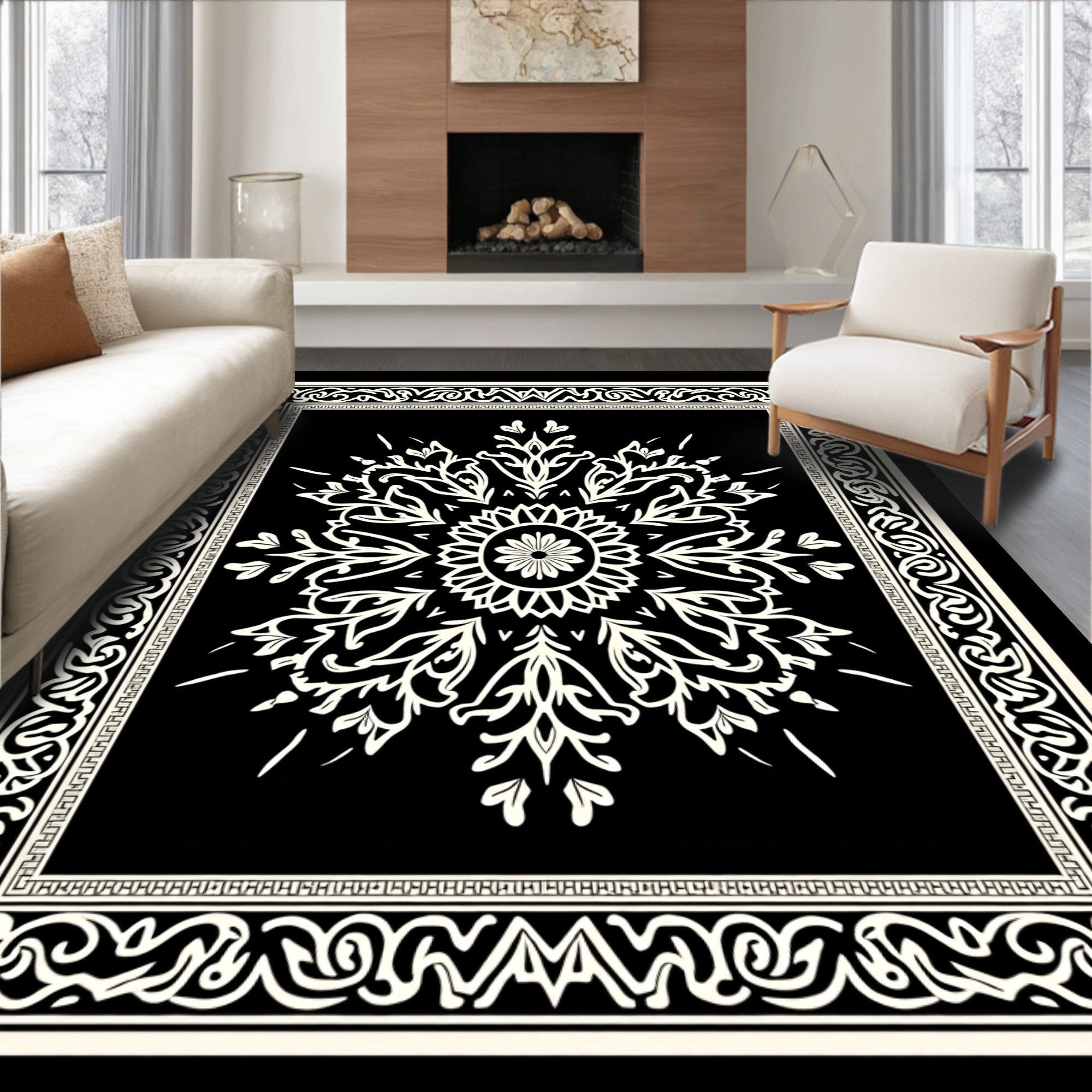 Classic Black White Floral Mandala Rug