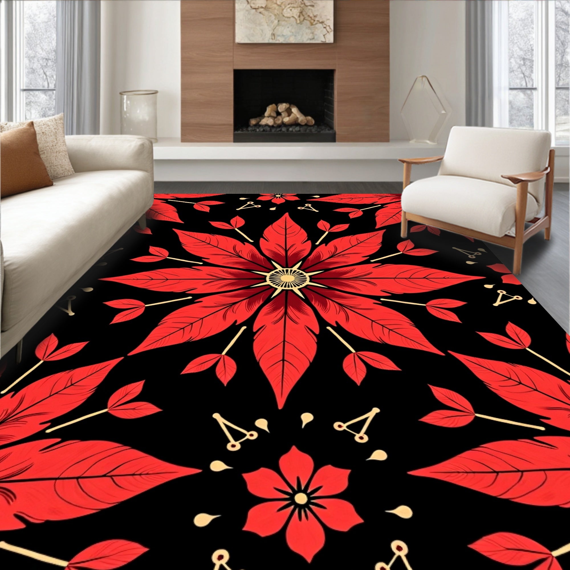 Bold Red Floral Mandala Rug