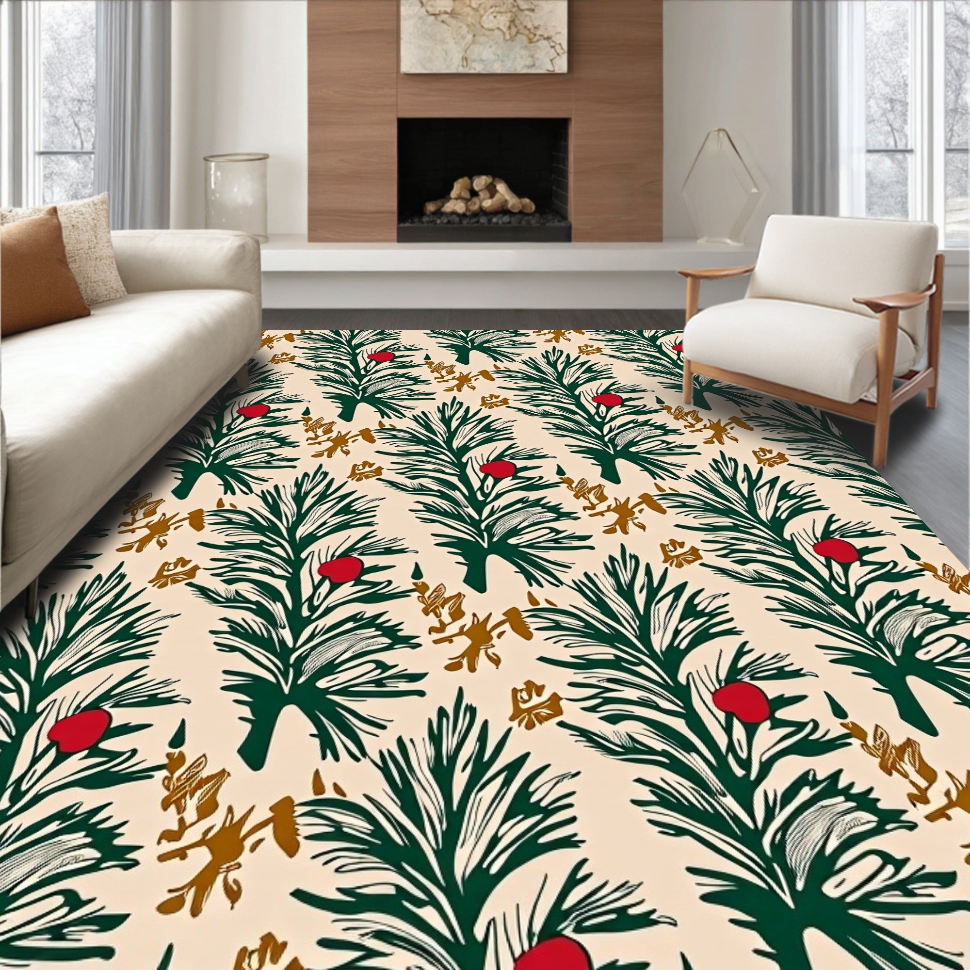 Green Pine Boughs With Red Berries Design Rug