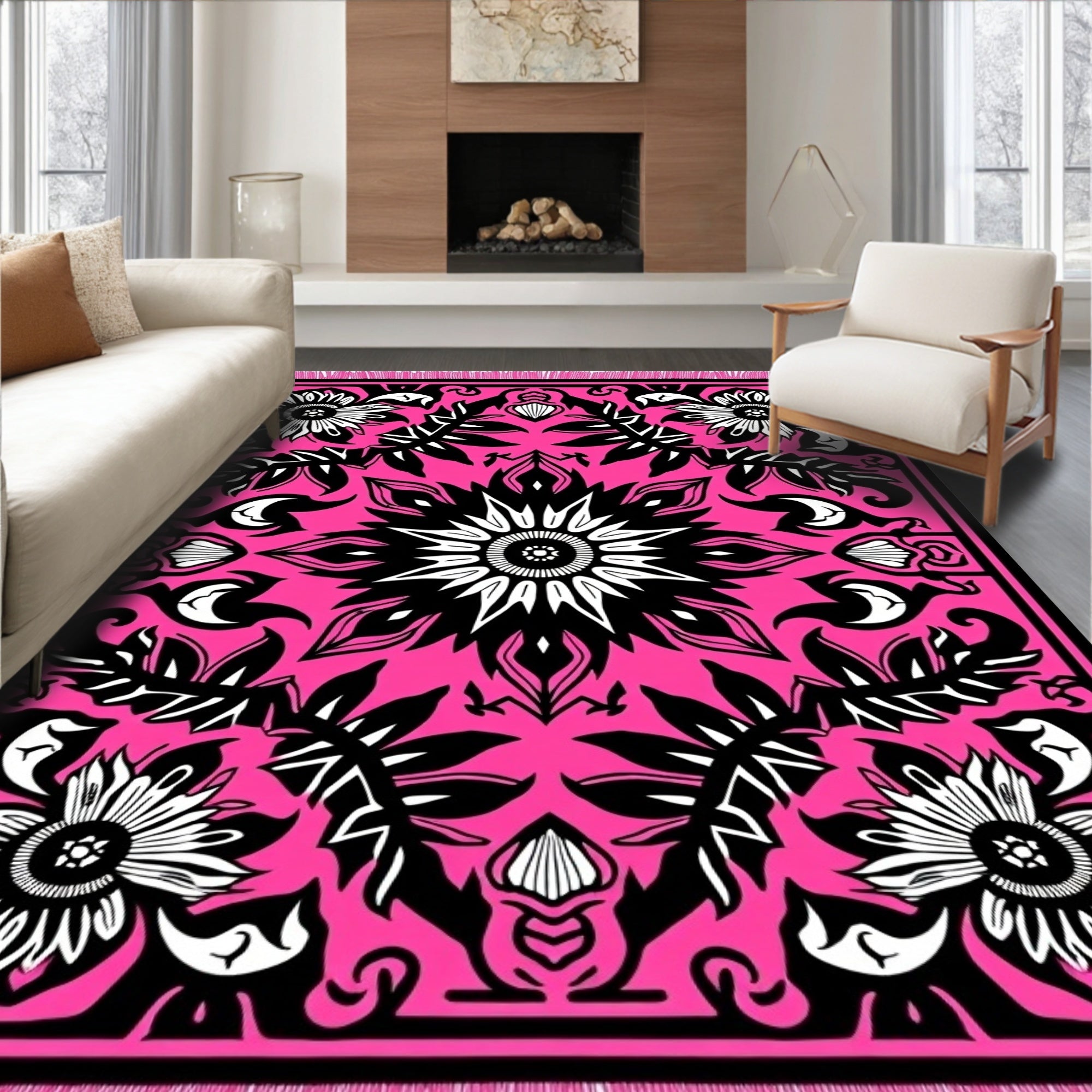 Vibrant Pink Black Floral Medallion Rug