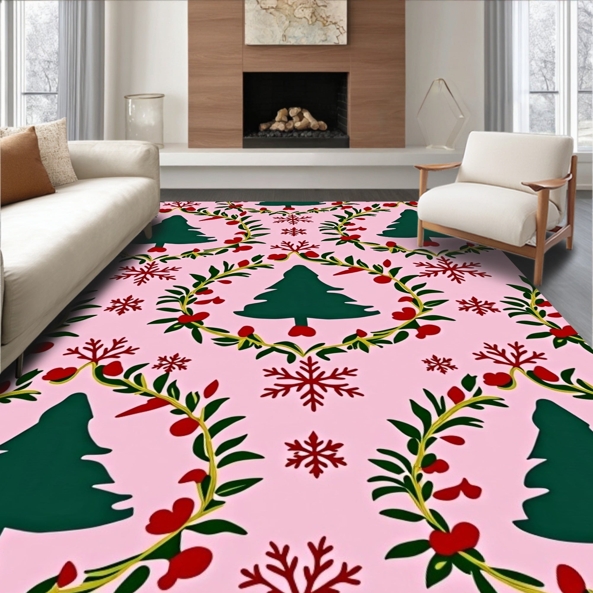 Festive Green Christmas Tree Garland Rug