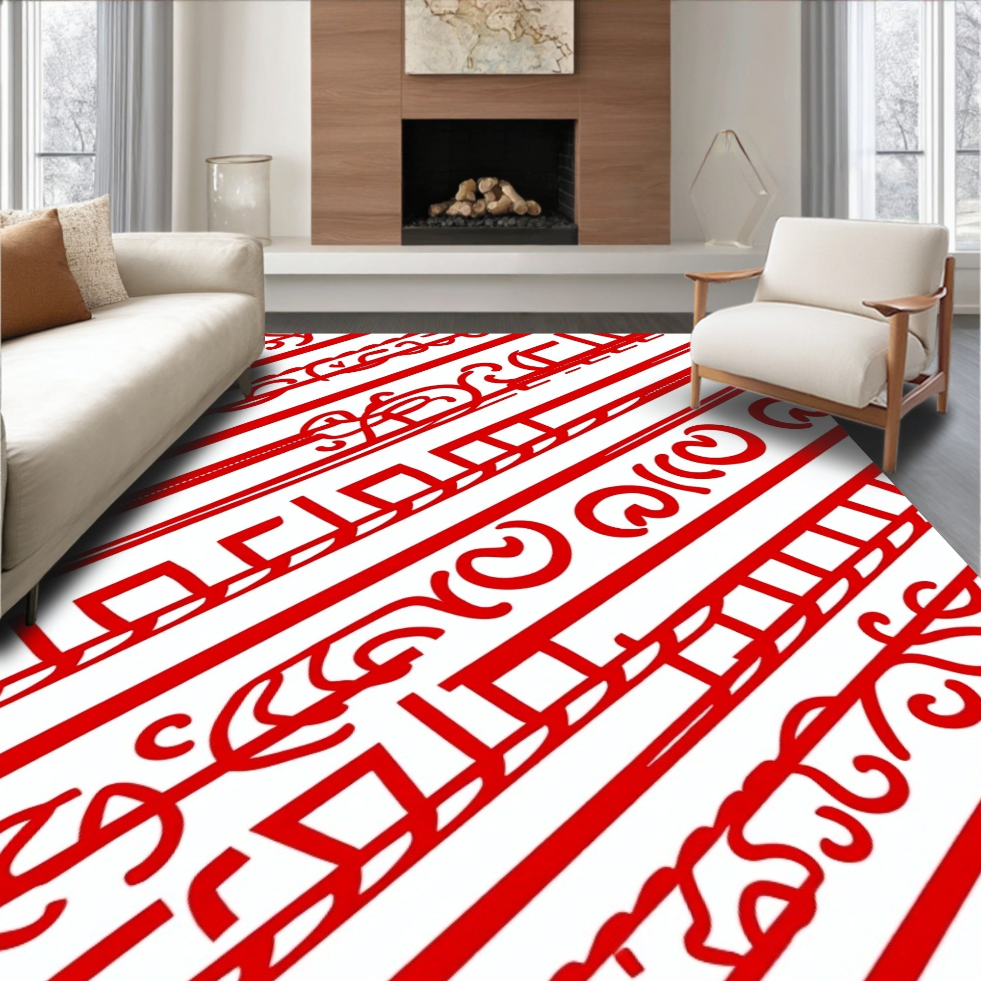 Bold Crimson Swirl Diagonal Stripes Rug