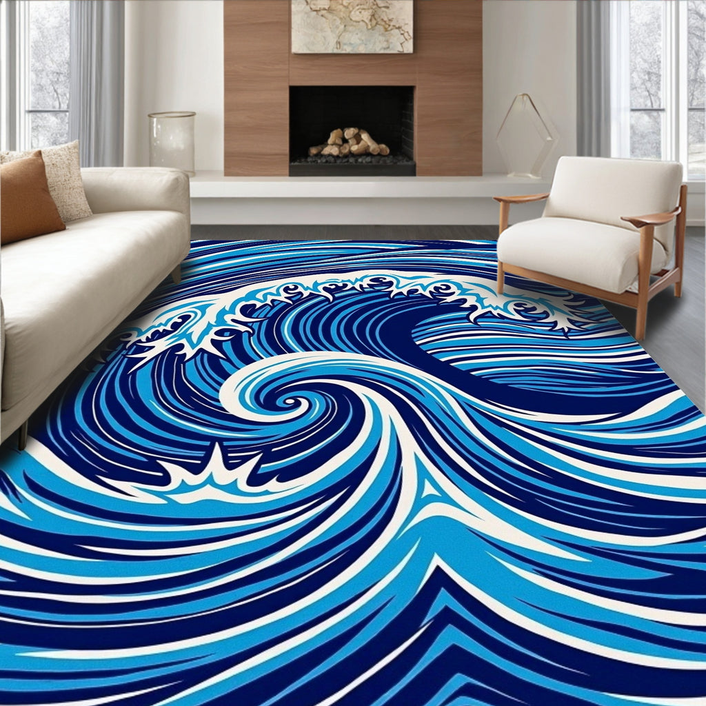 Dynamic Blue White Wave Pattern Rug