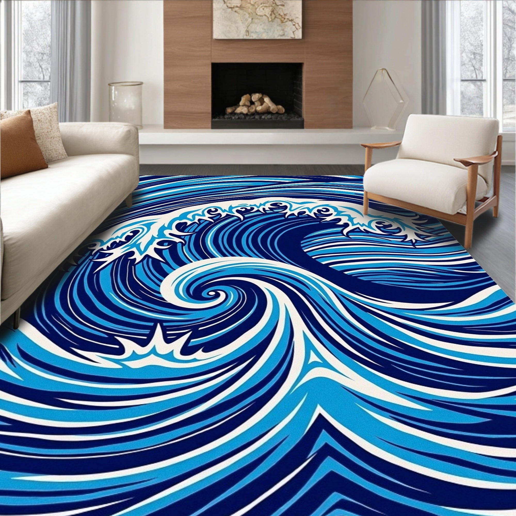 Dynamic Blue White Wave Pattern Rug