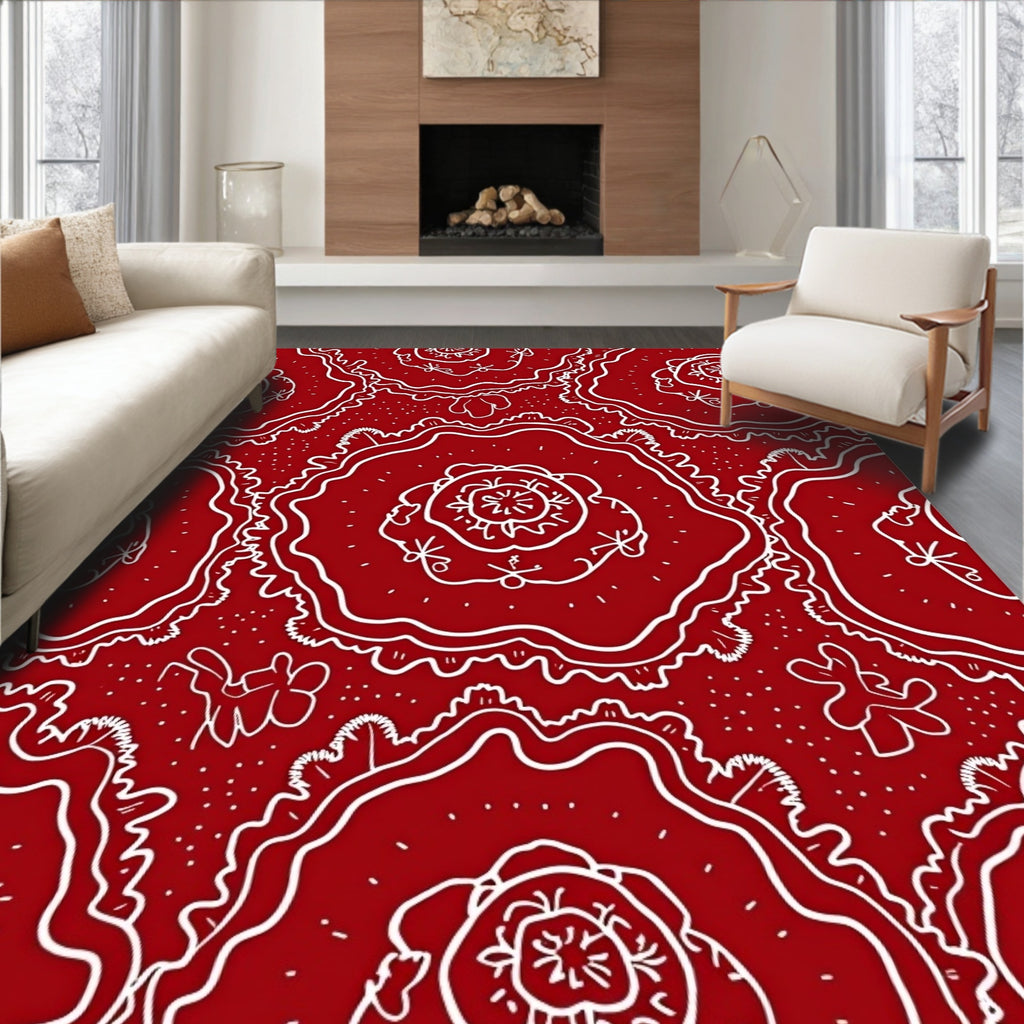 Crimson Floral Whimsical Line Art Rug