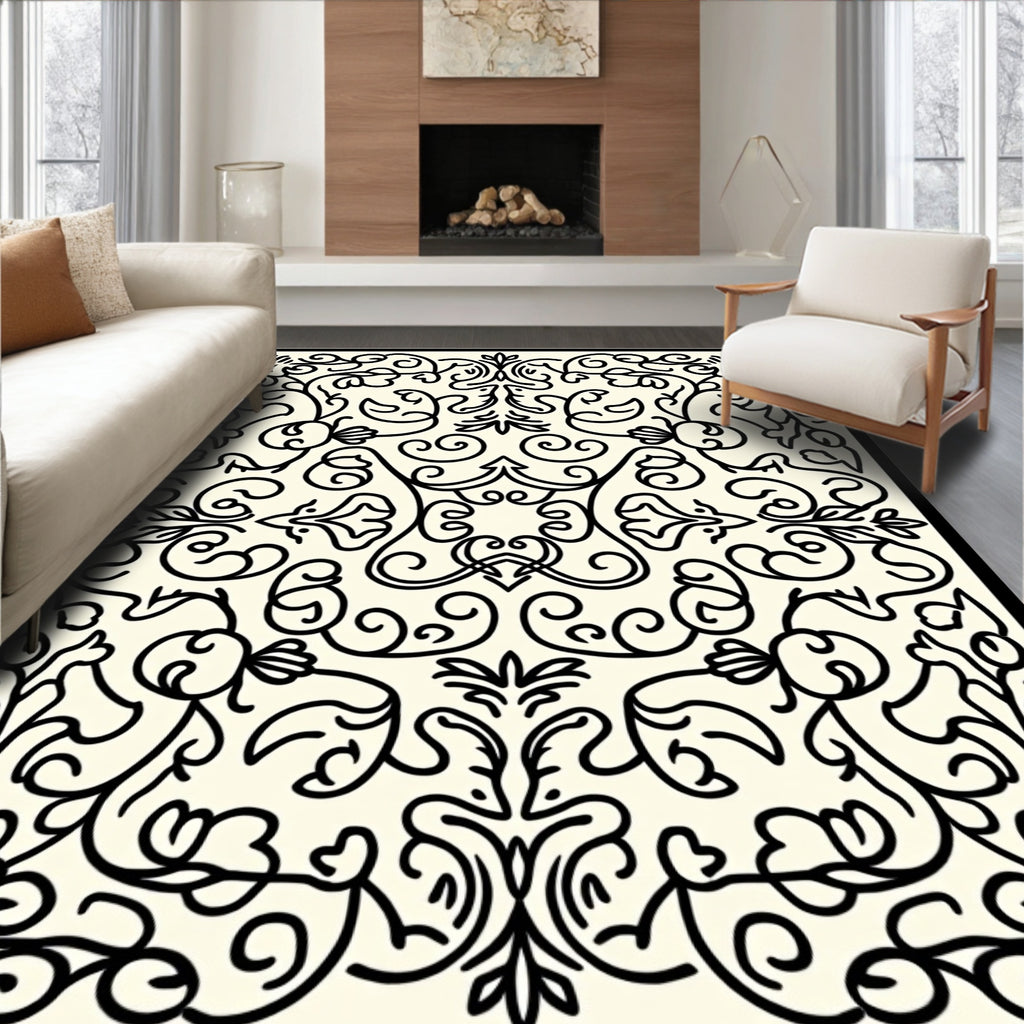 Elegant Black Floral Swirls Relief Rug