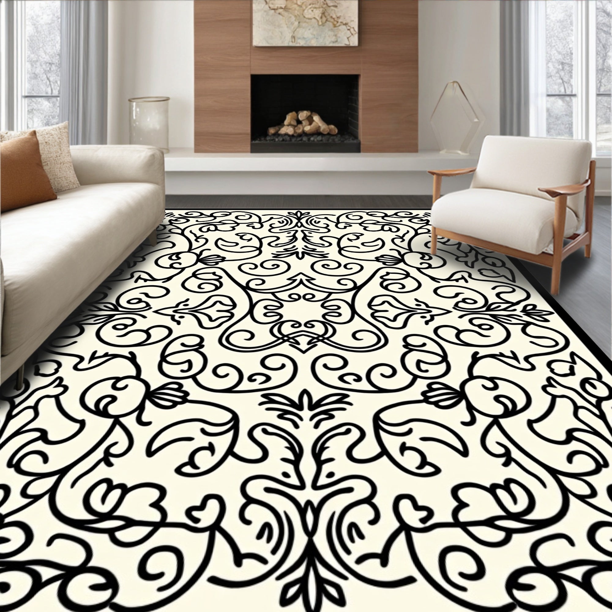 Elegant Black Floral Swirls Relief Rug