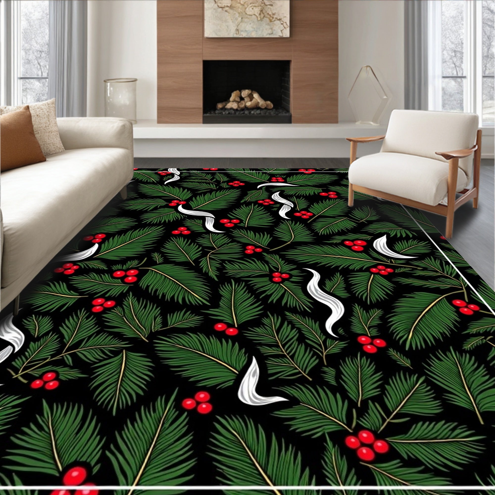 Green Fern and Red Berry Foliage Rug