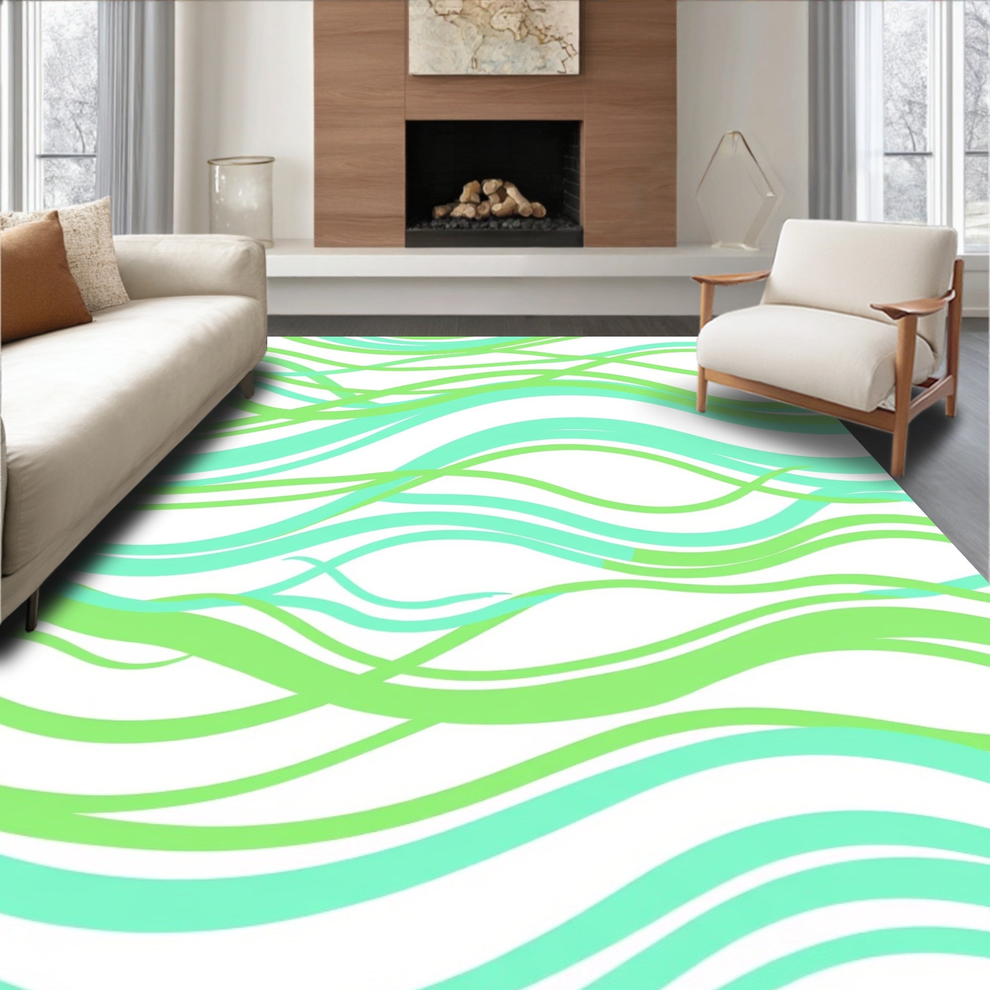 Mint Green Wavy Stripe Pattern Rug
