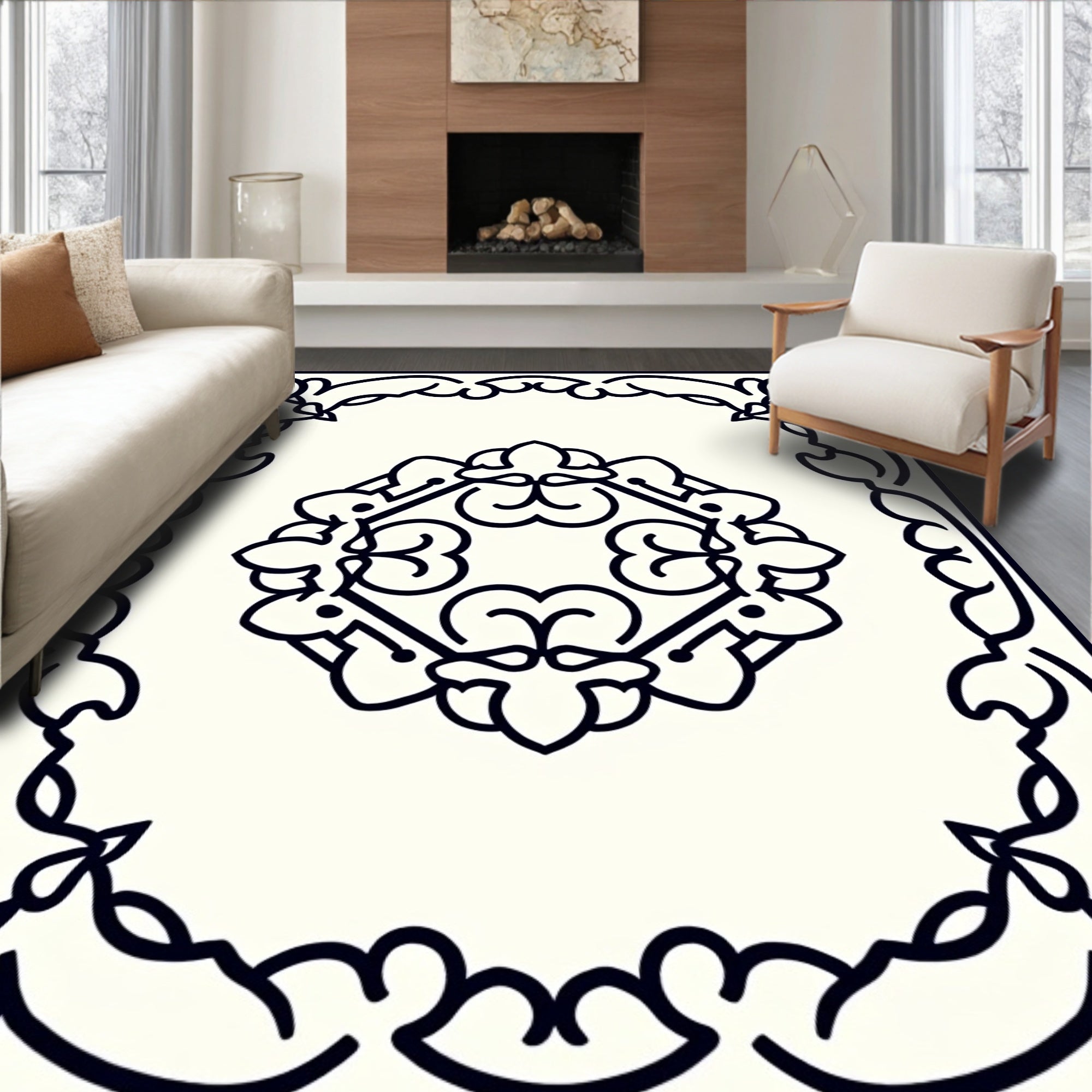 Ornate Floral Scrollwork Frame Design Rug