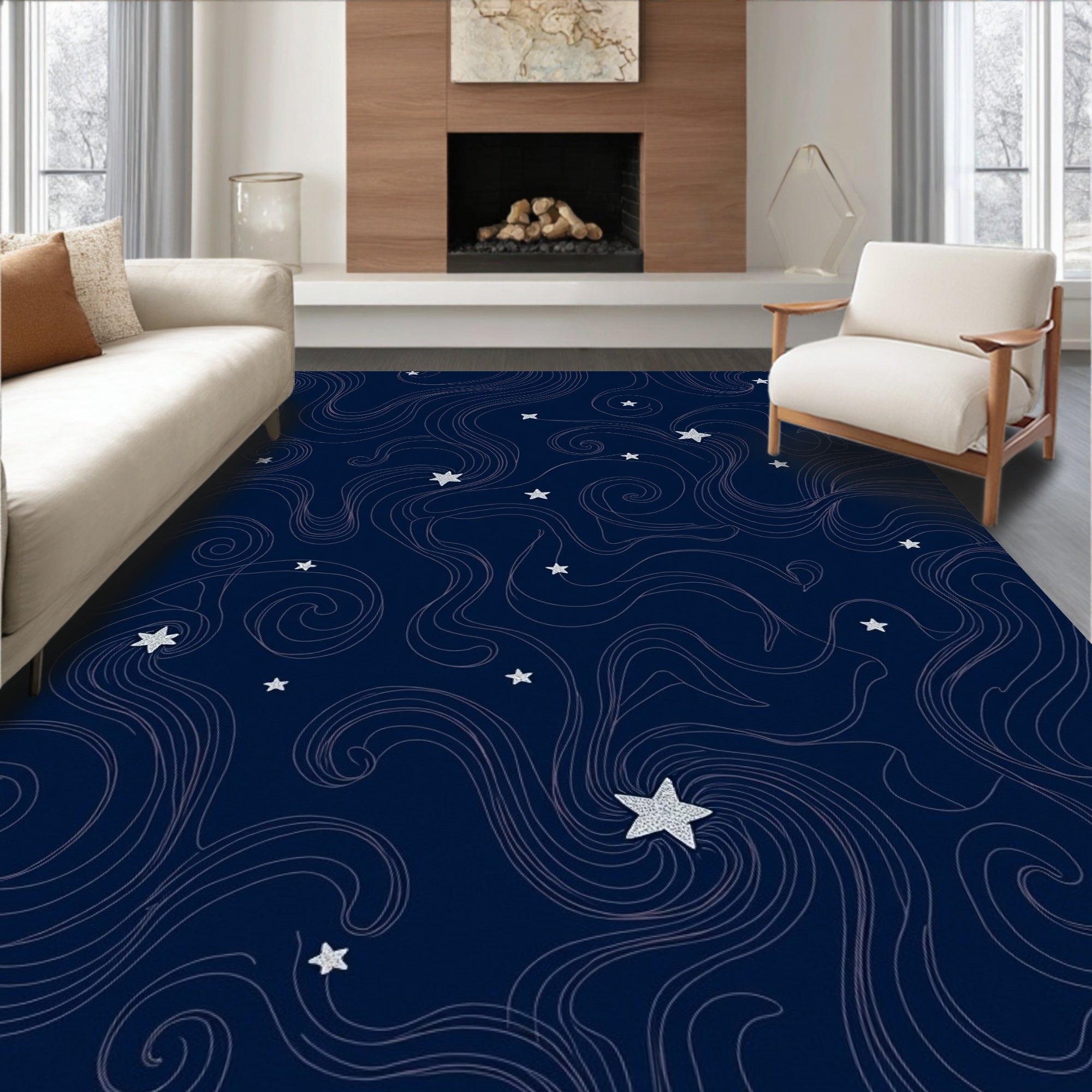 Whimsical Star Swirl Navy Design Rug
