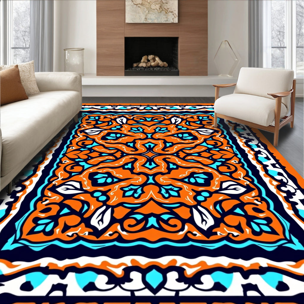 Vibrant Orange Teal Floral Medallion Rug