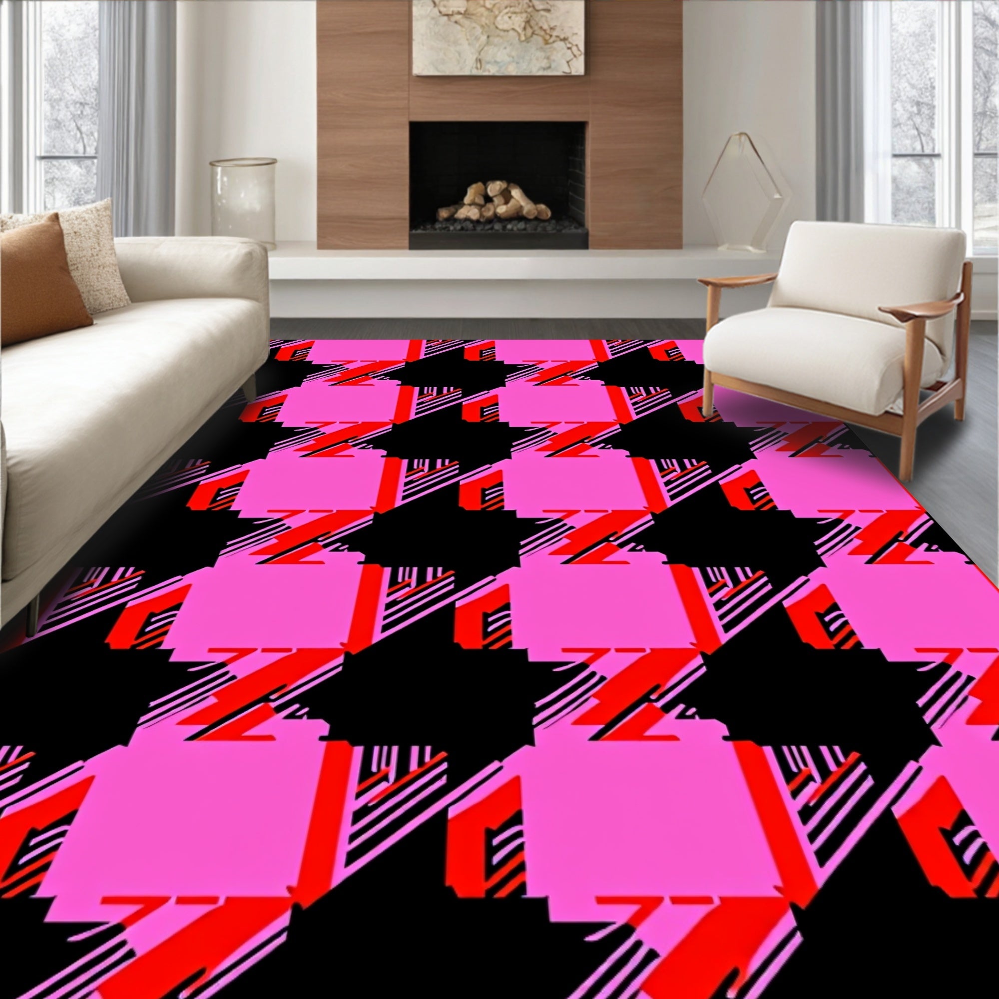 Bold Pink Black Stripe Checkered Rug