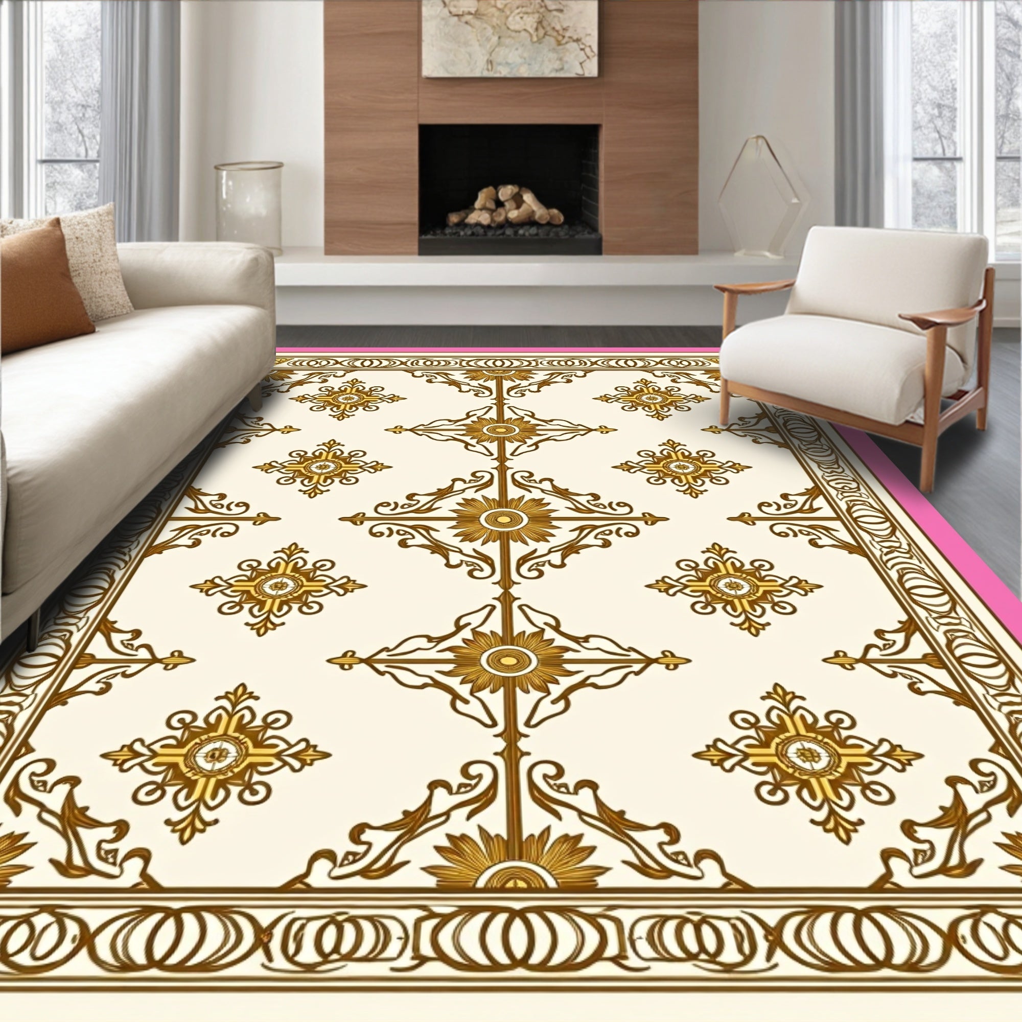 Gold Ornate Floral Scroll Pattern Rug