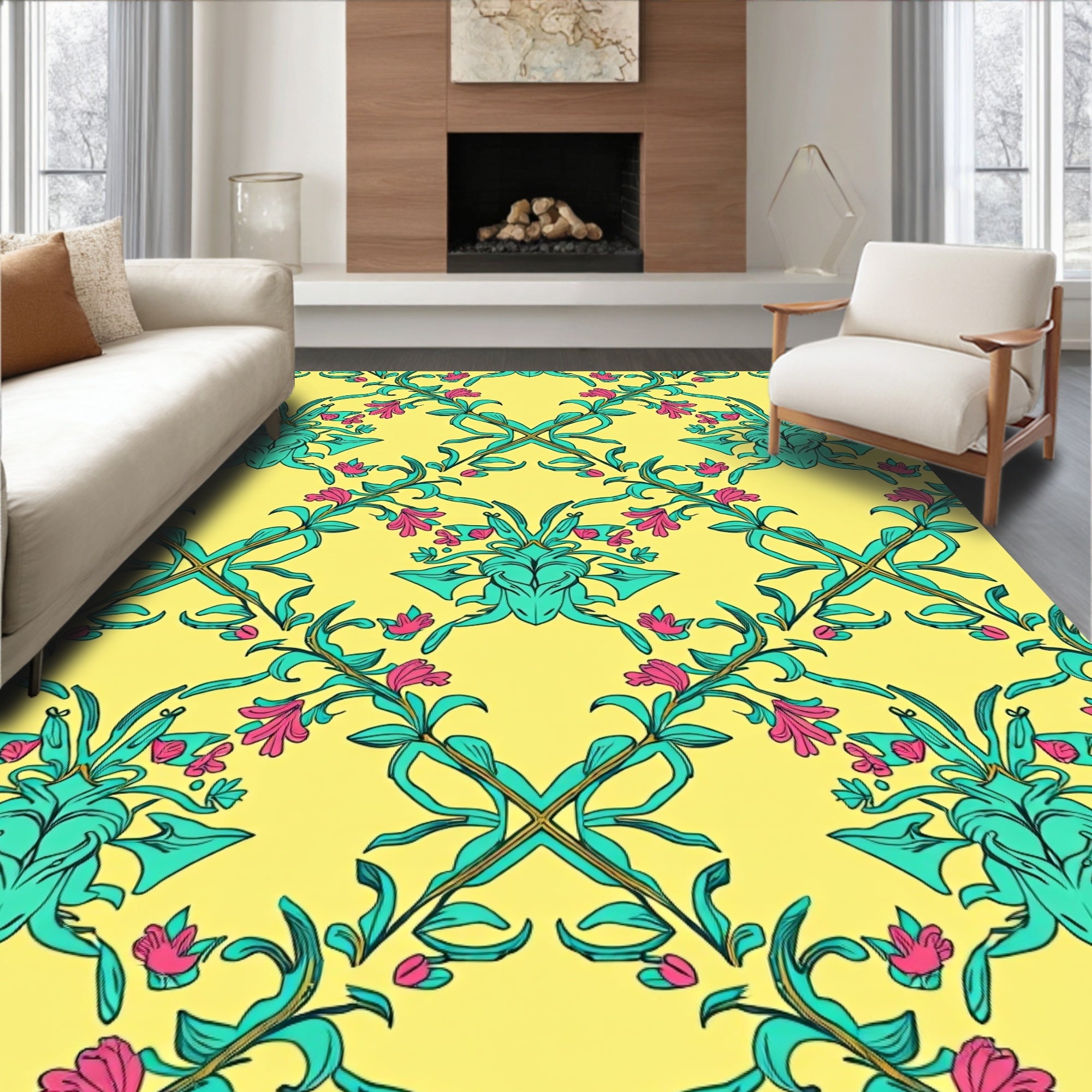Art Nouveau Teal And Pink Floral Pattern Rug