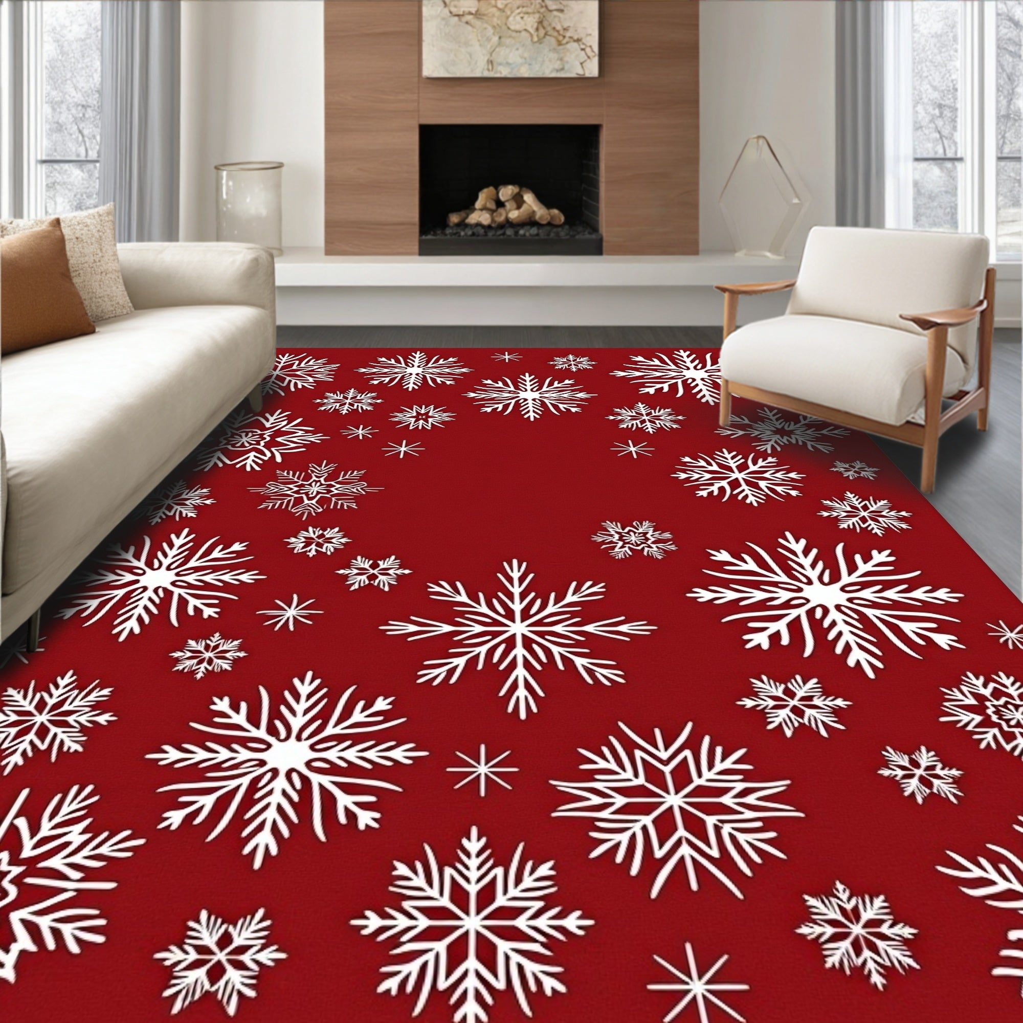 Red White Snowflake Pattern Rug