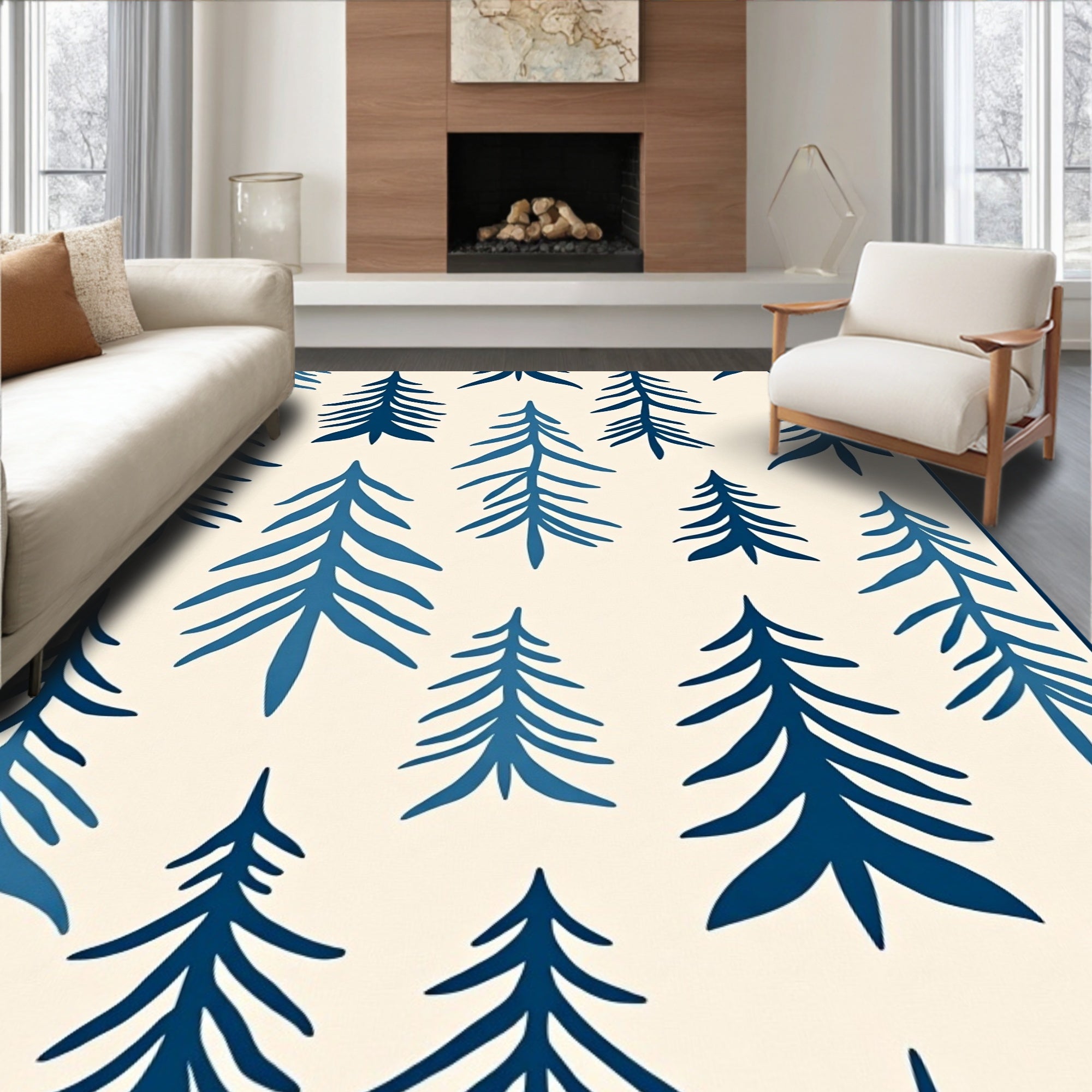 Deep Blue Evergreen Forest Pattern Rug