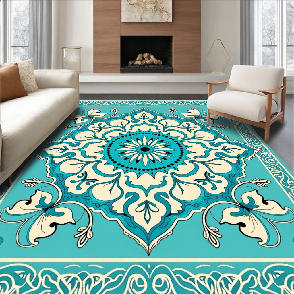 Turquoise Cream Floral Mandala Pattern Rug