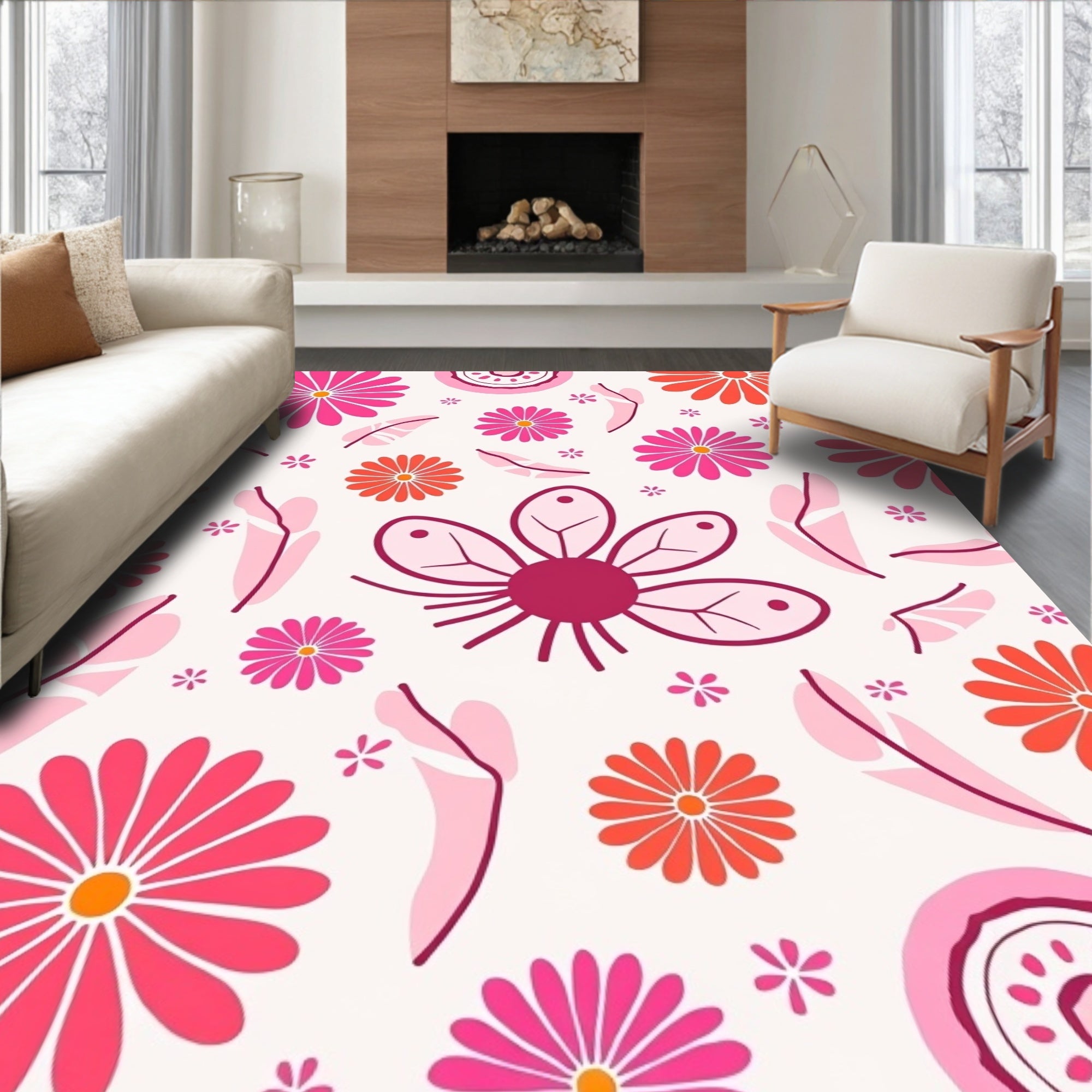 Whimsical Floral Patterned Bright Rug