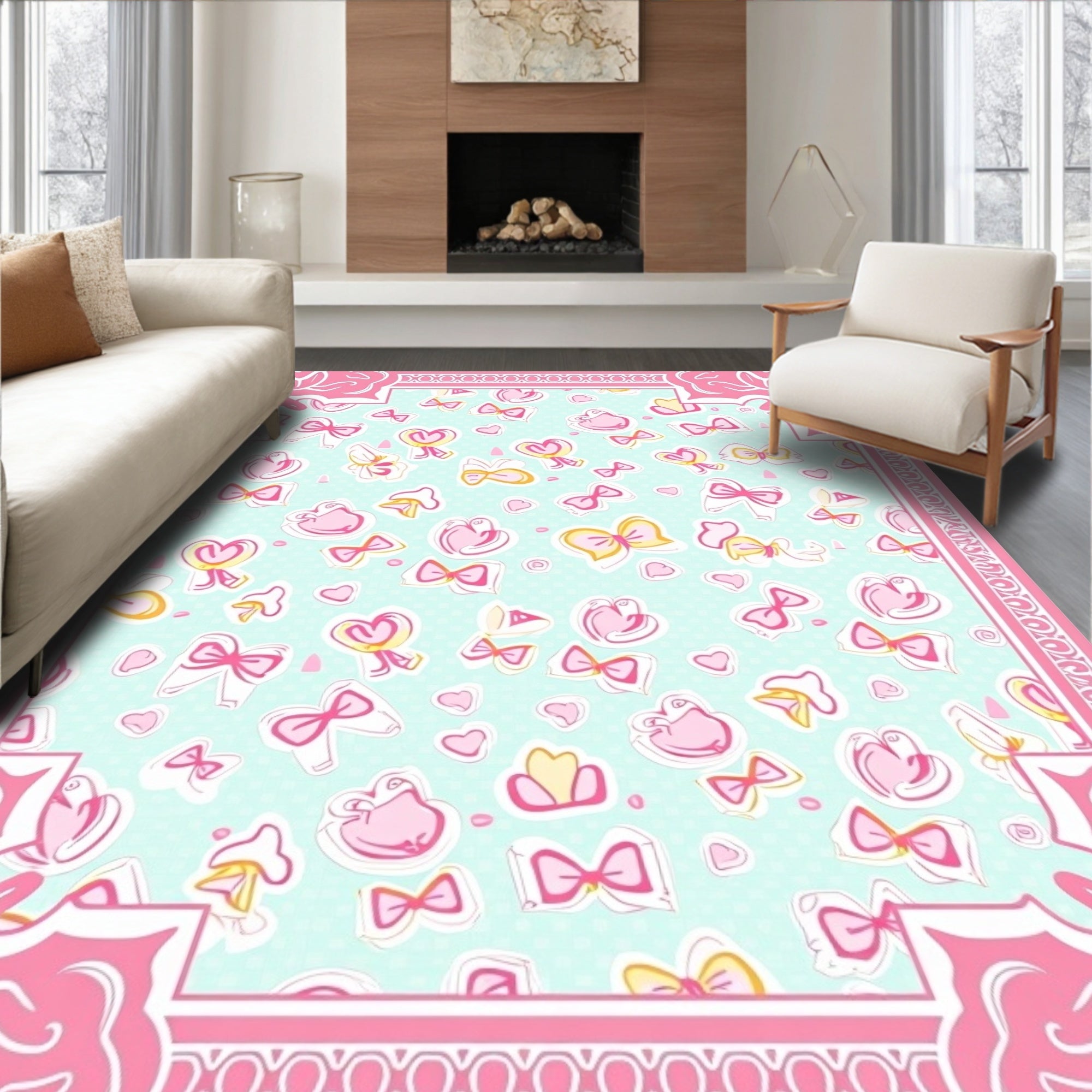 Sweet Pink Bow Heart Pattern Rug