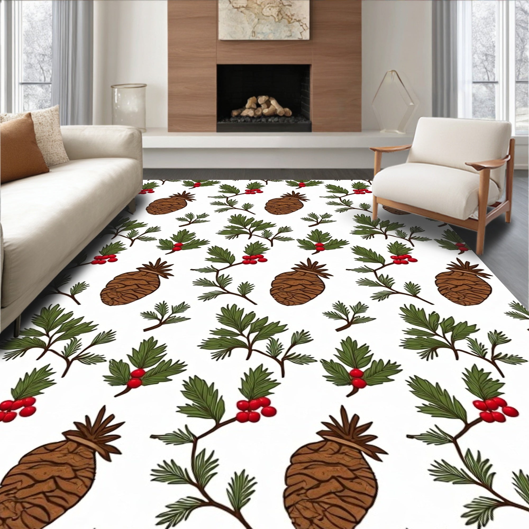 Brown Pinecone Green Holly Berries Rug