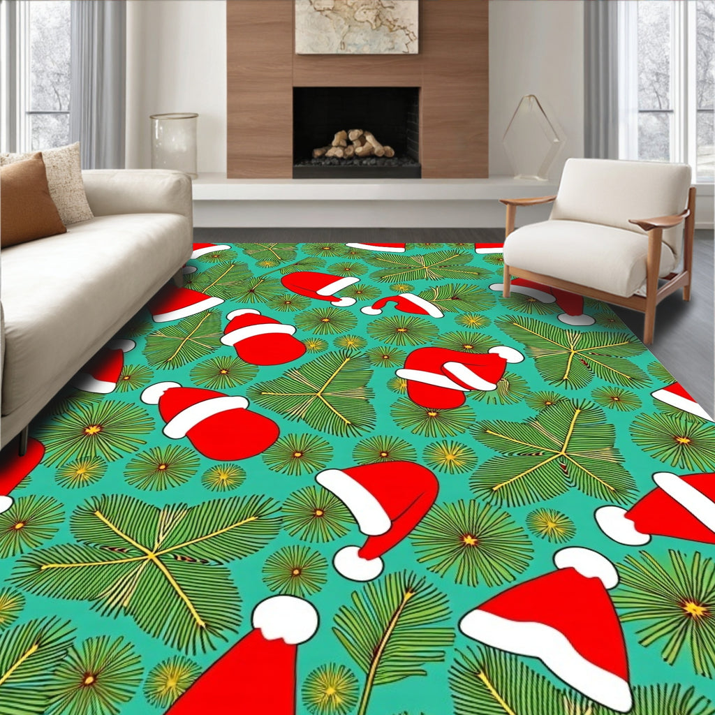 Red Santa Hats Pine Needles Teal Rug
