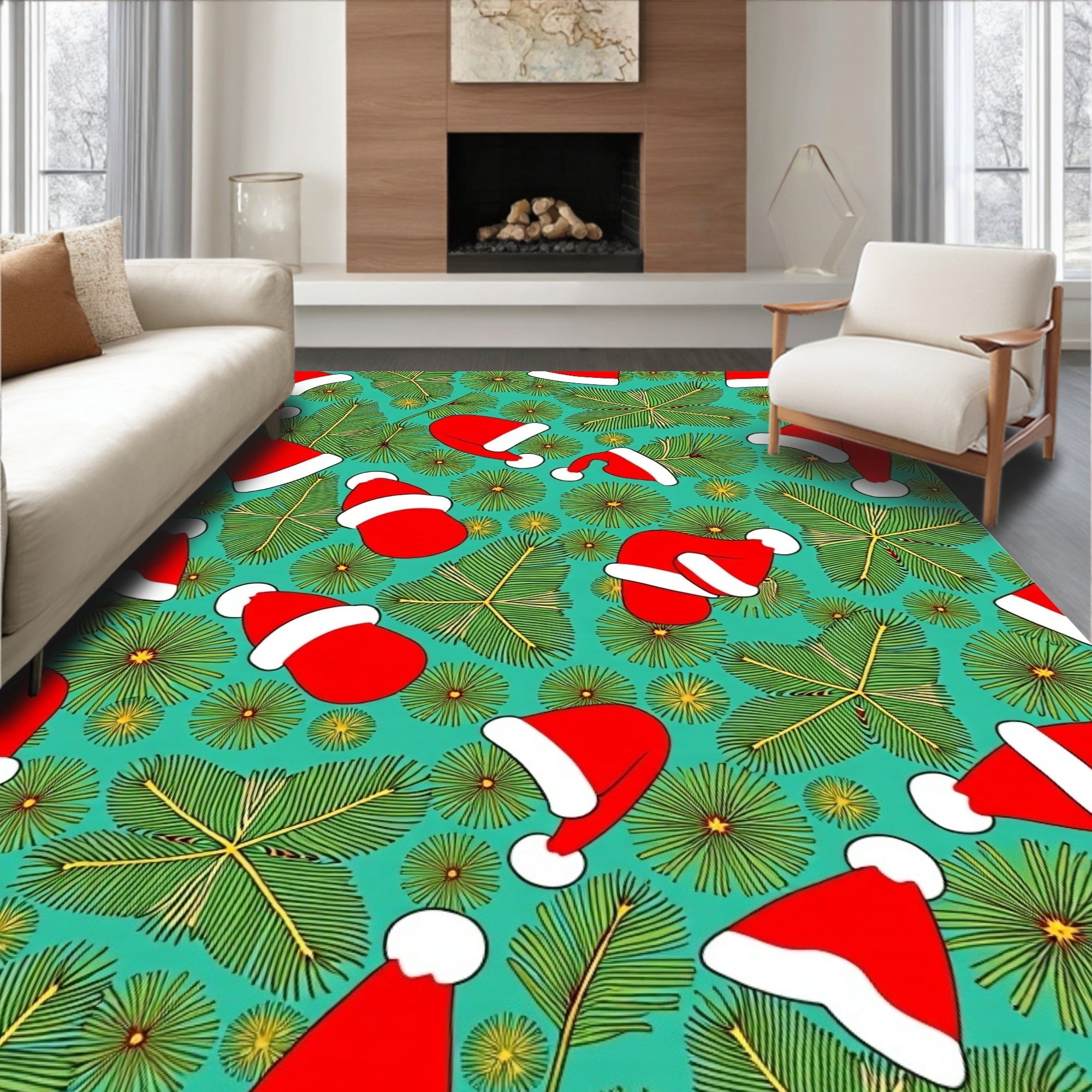Red Santa Hats Pine Needles Teal Rug