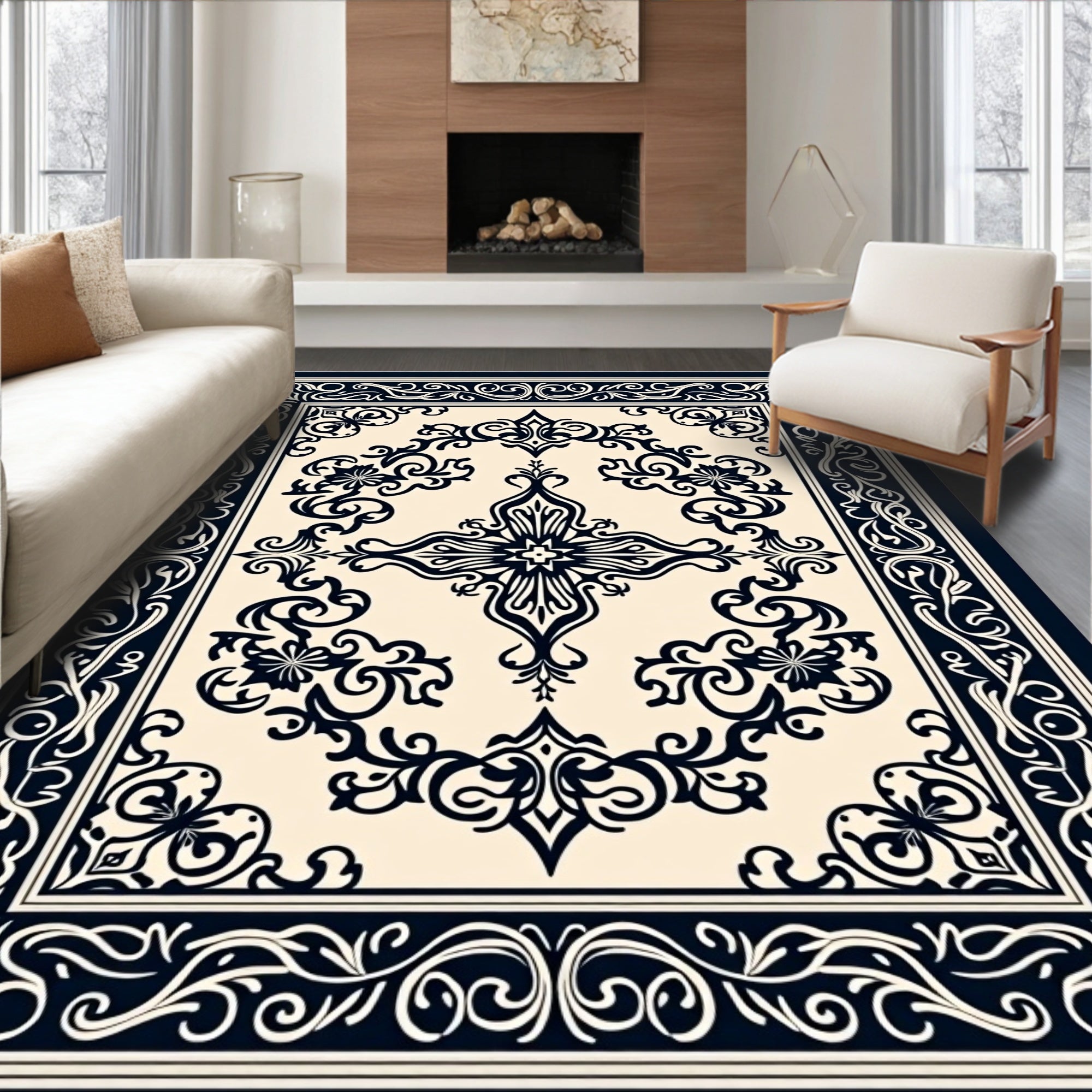 Classic Scrollwork Floral Border Design Rug