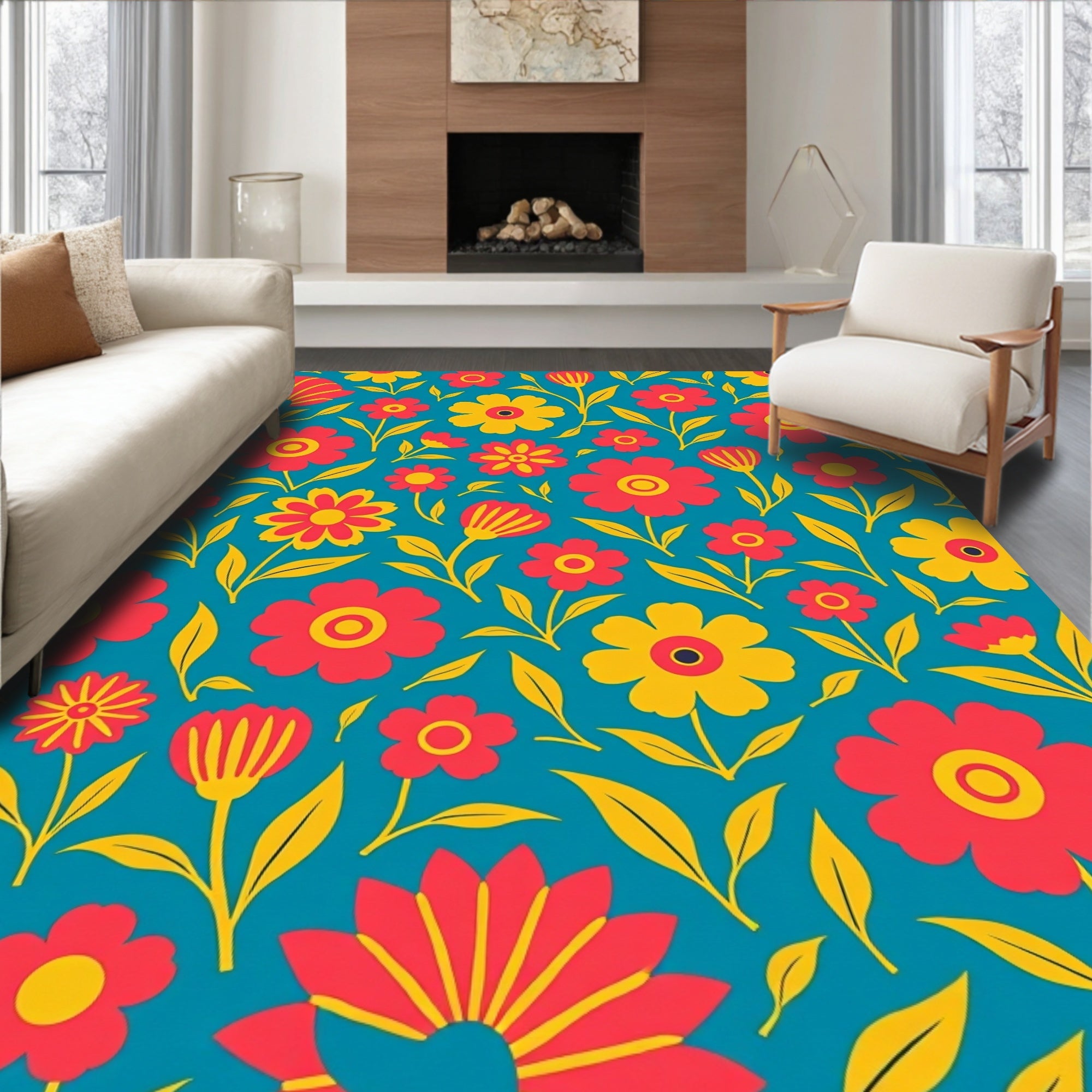 Retro Floral Pattern on Teal Background Rug