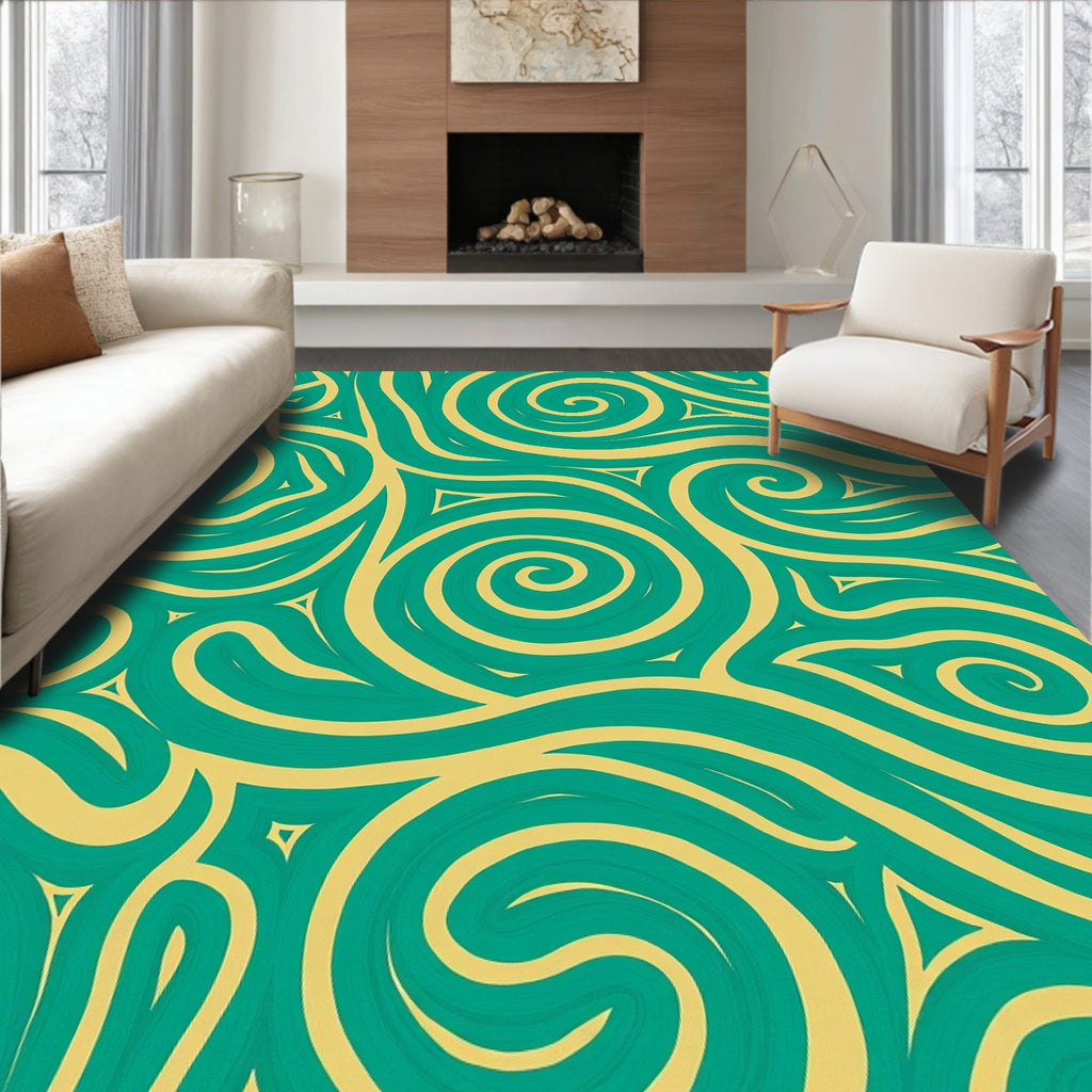 Teal and Gold Swirl Abstract Design Rug