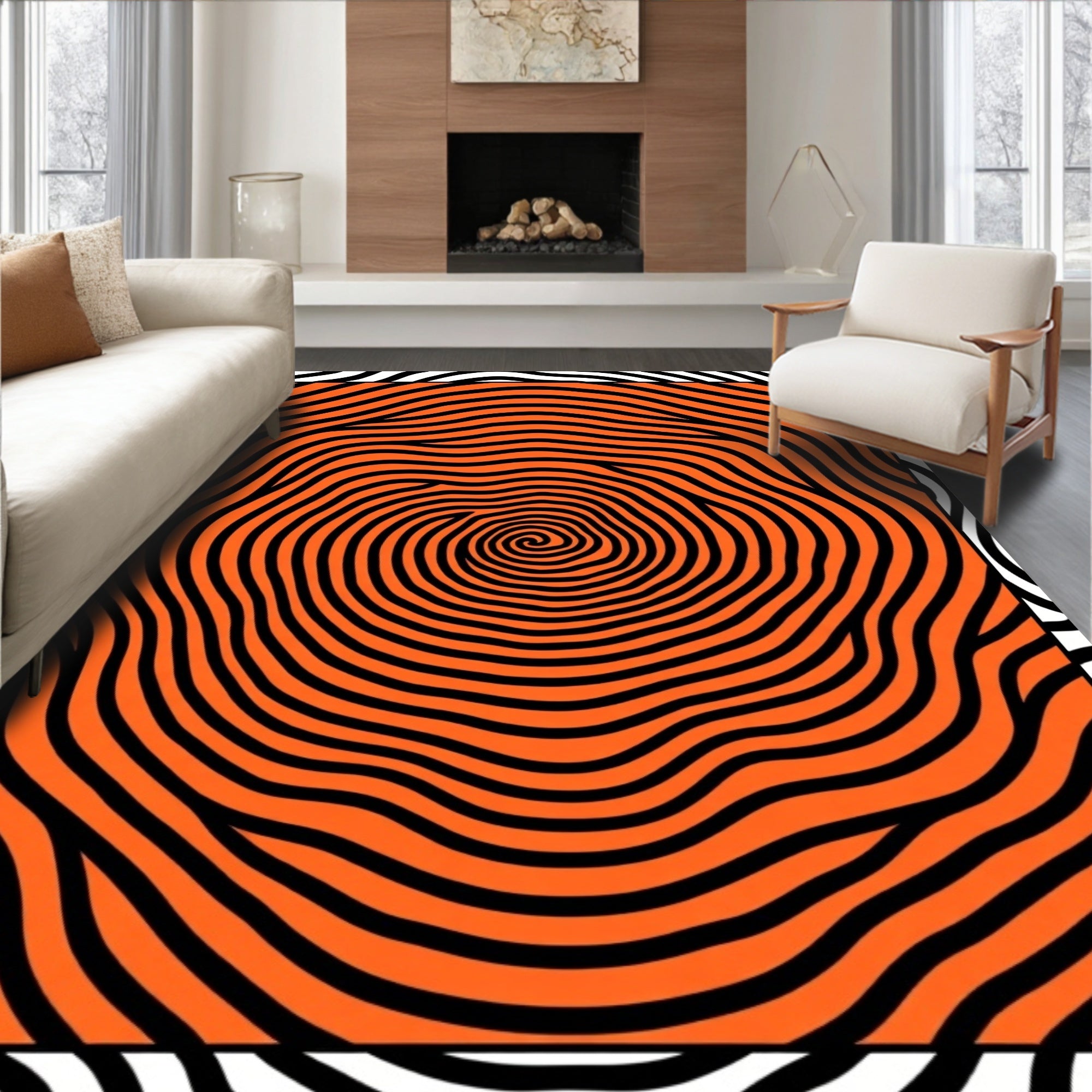 Orange Black Concentric Waves Rug