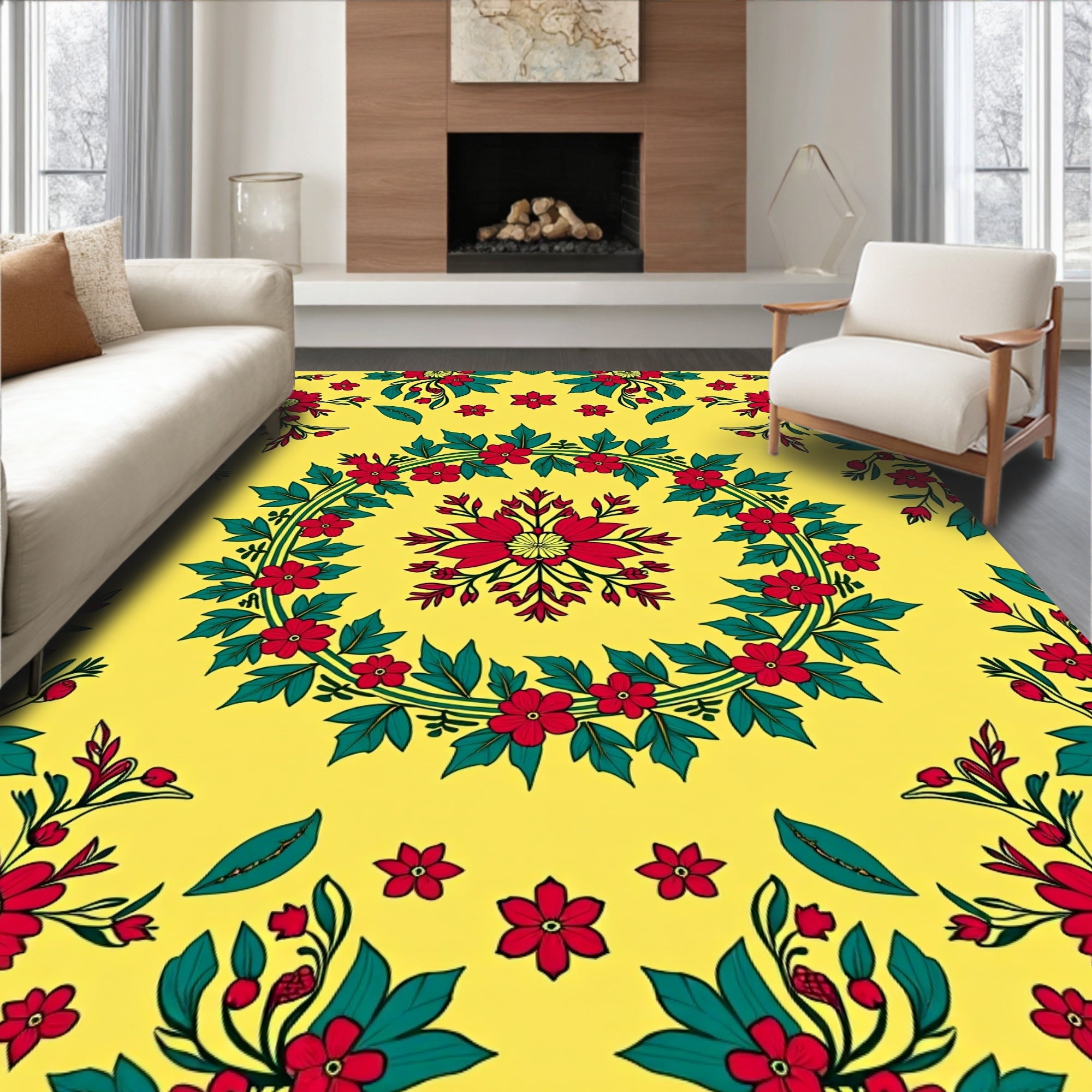 Red Floral Wreath Patterned Yellow Rug