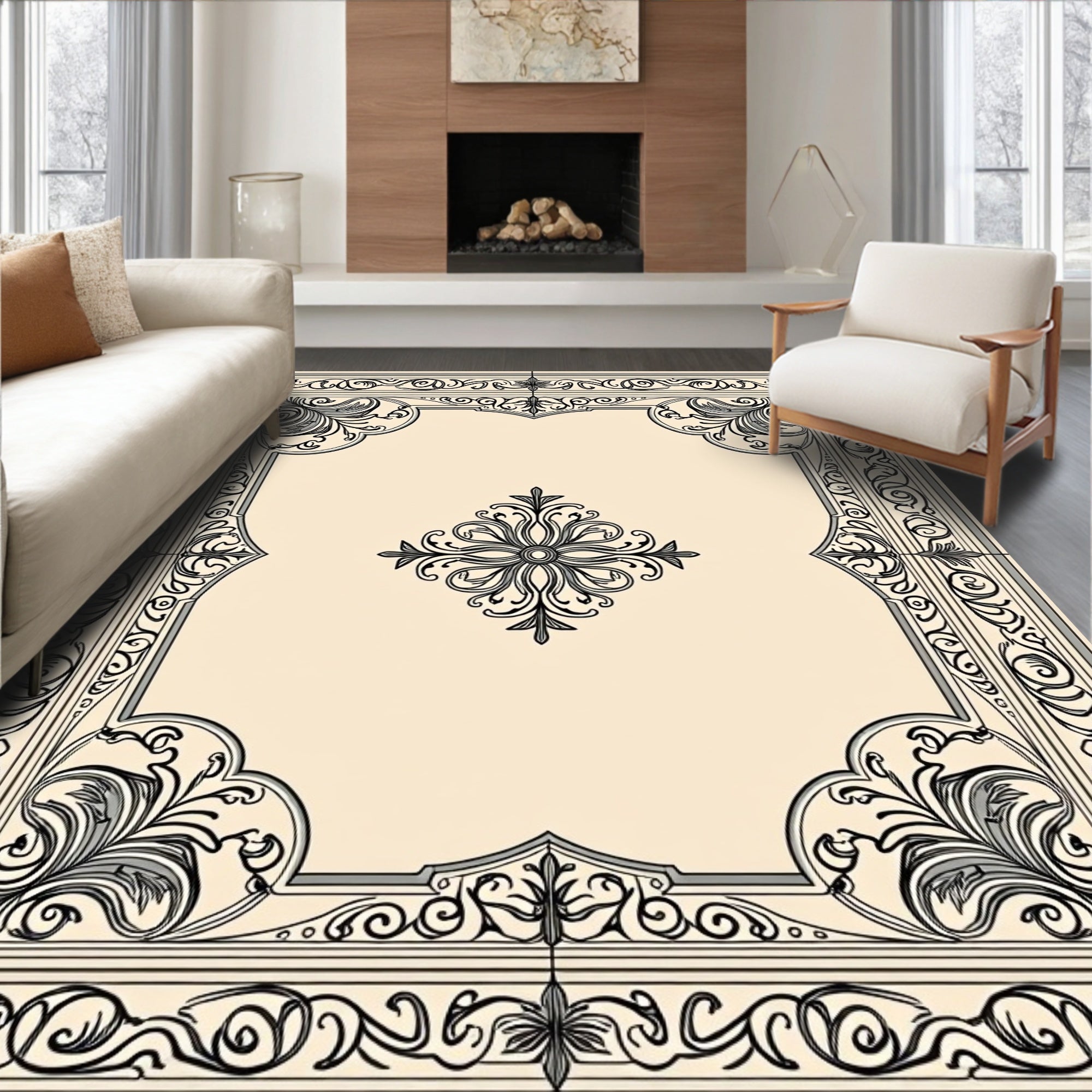 Elegant Black Cream Floral Scroll Rug