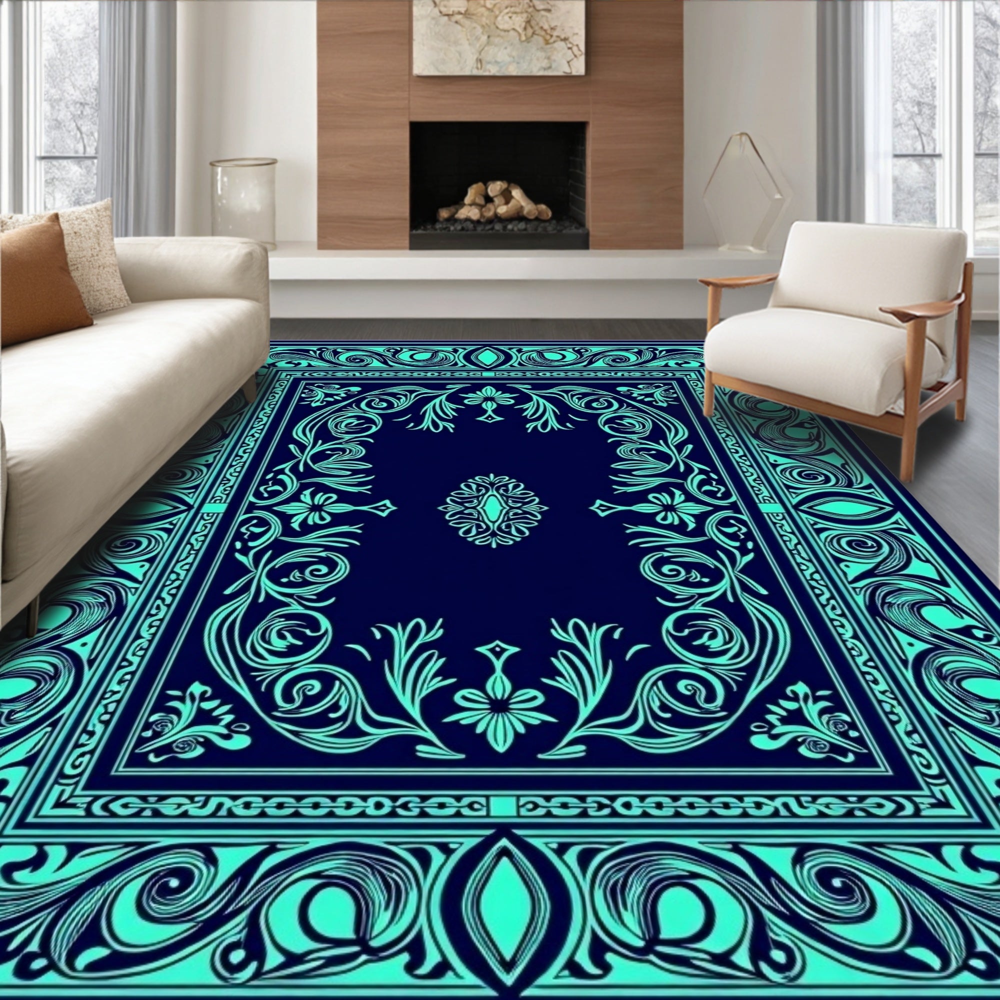 Intricate Teal Floral Scrollwork Design Rug