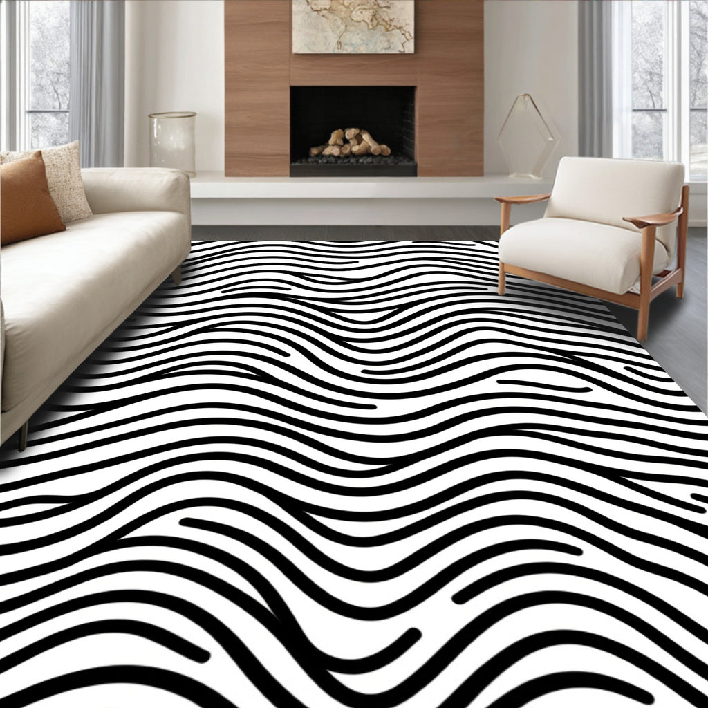 Black White Wavy Lined Pattern Rug