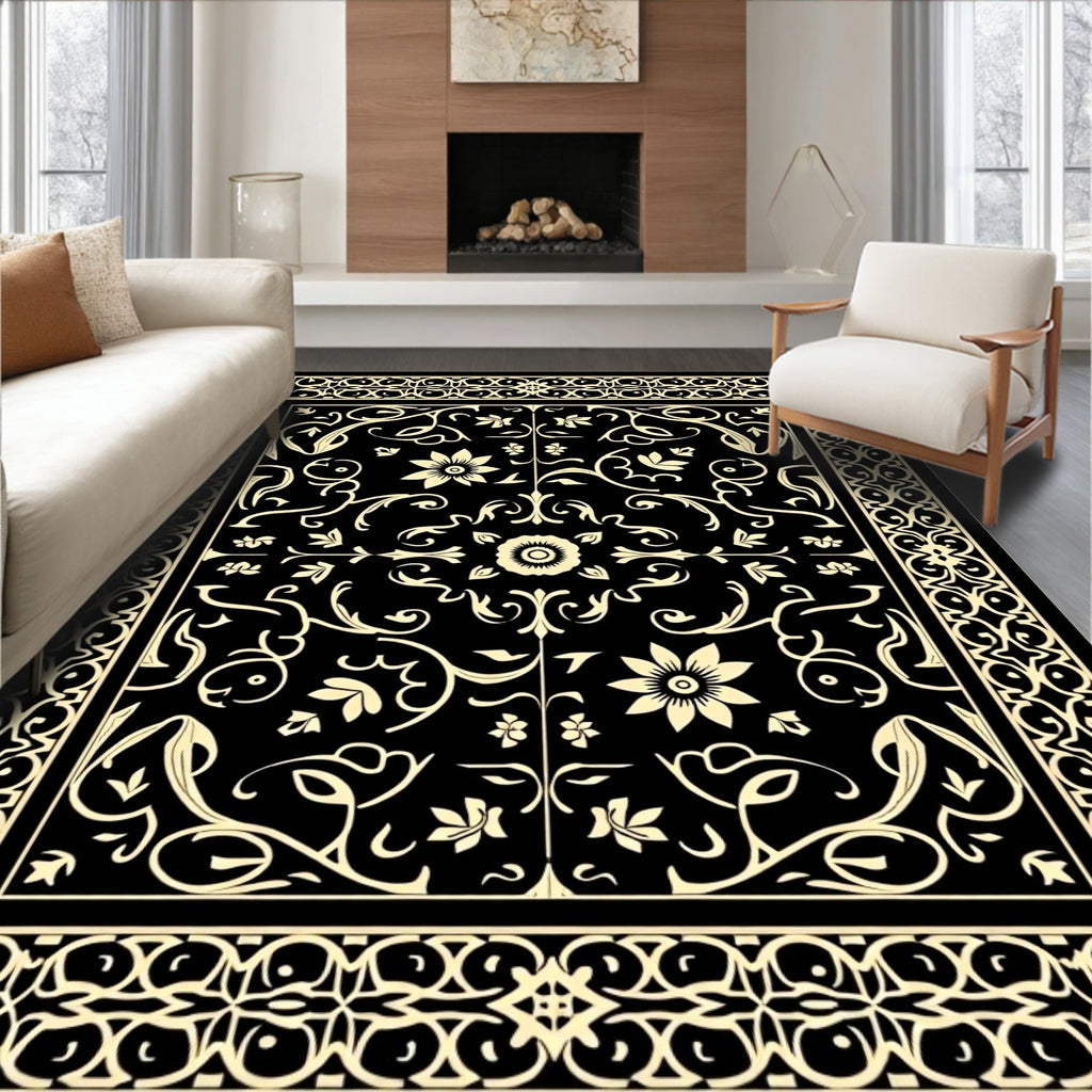 Black Cream Floral Scrollwork Rug