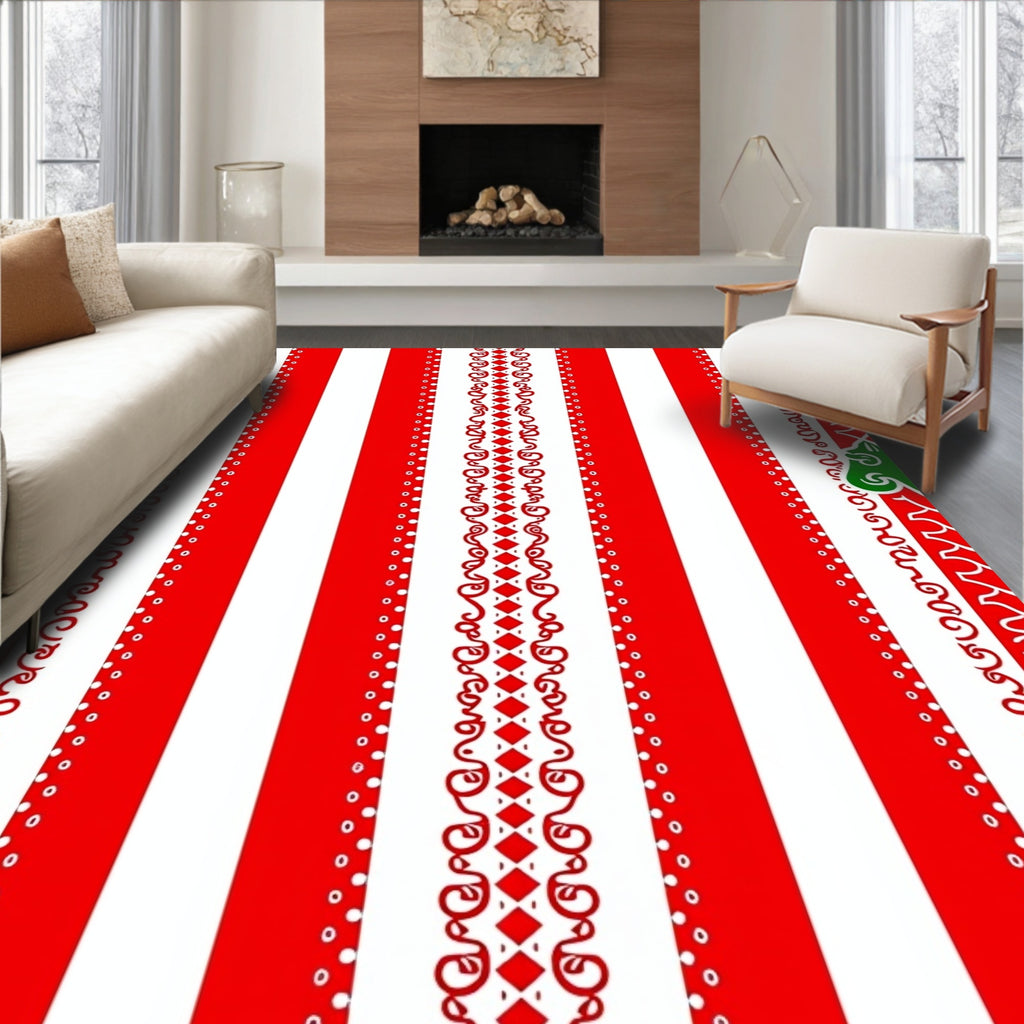 Red Green White Striped Ornate Pattern Rug