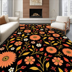 Orange Floral Vine Pattern Black Background Rug