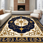Ornate Navy Gold Floral Scroll Rug