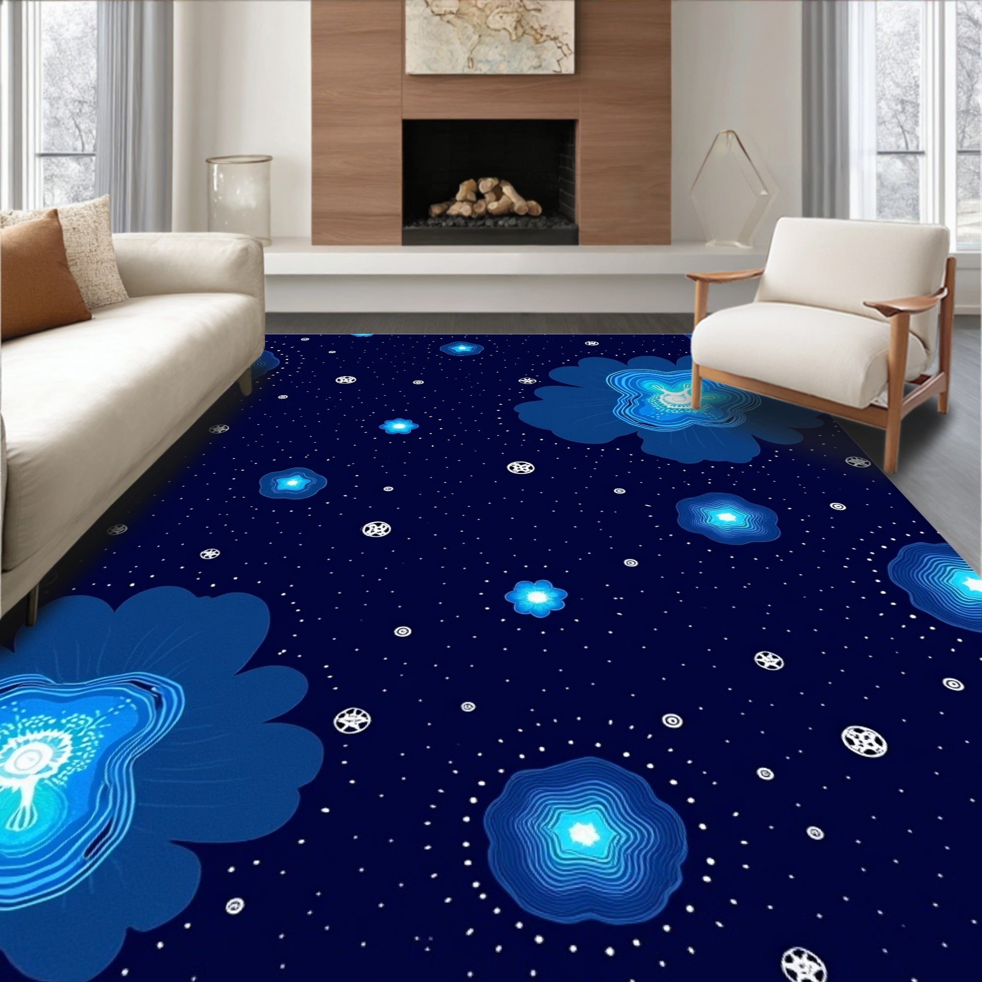 Celestial Blue Floral Stars Rug