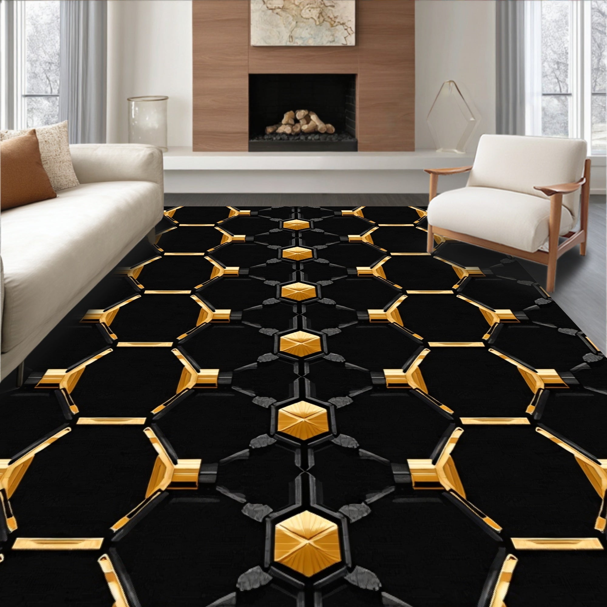 Black Gold Hexagonal Geometric Pattern Rug