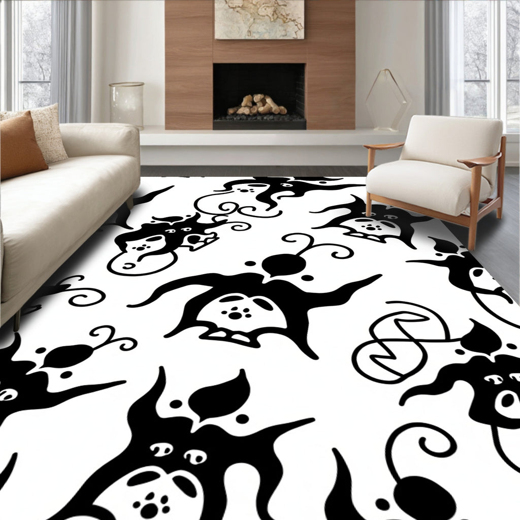 Whimsical Black White Character Pattern Rug