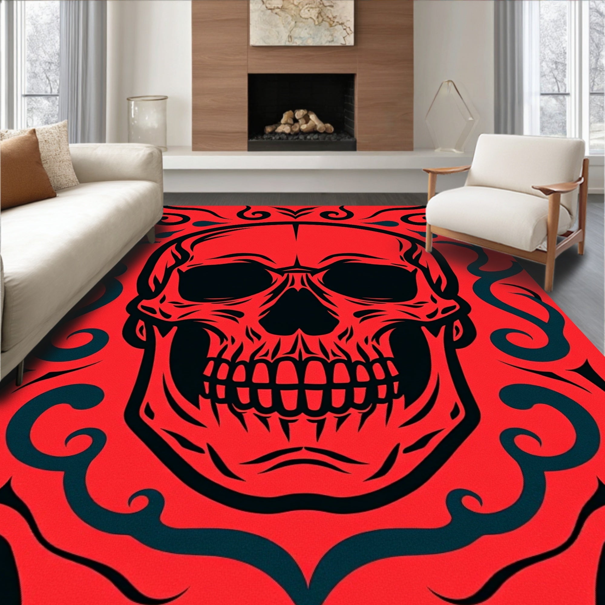 Bold Black Skull Tribal Pattern Rug