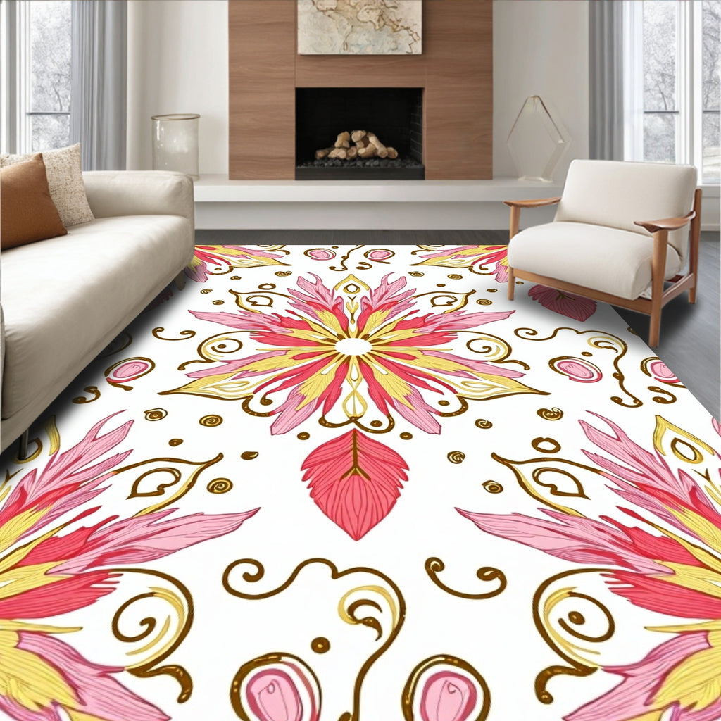 Pink Yellow Floral Scroll Pattern Rug