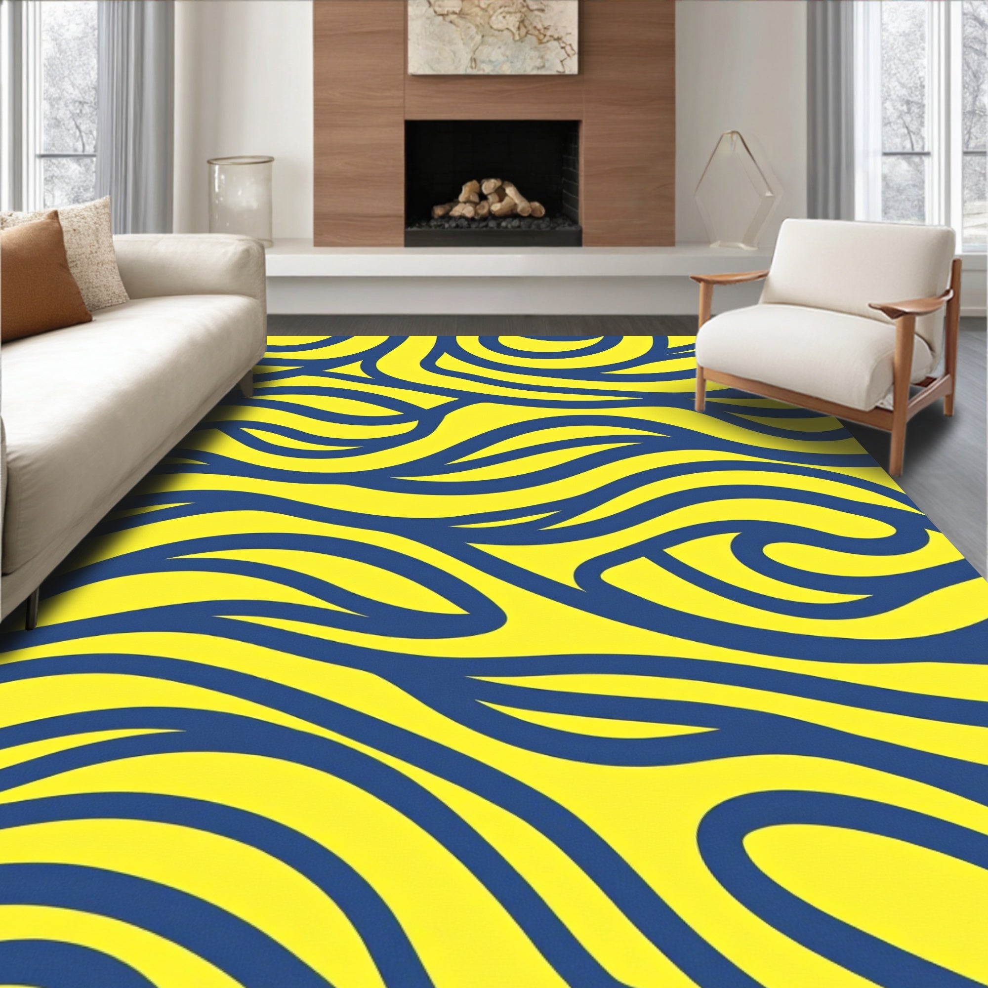 Bold Blue Yellow Swirl Pattern Rug