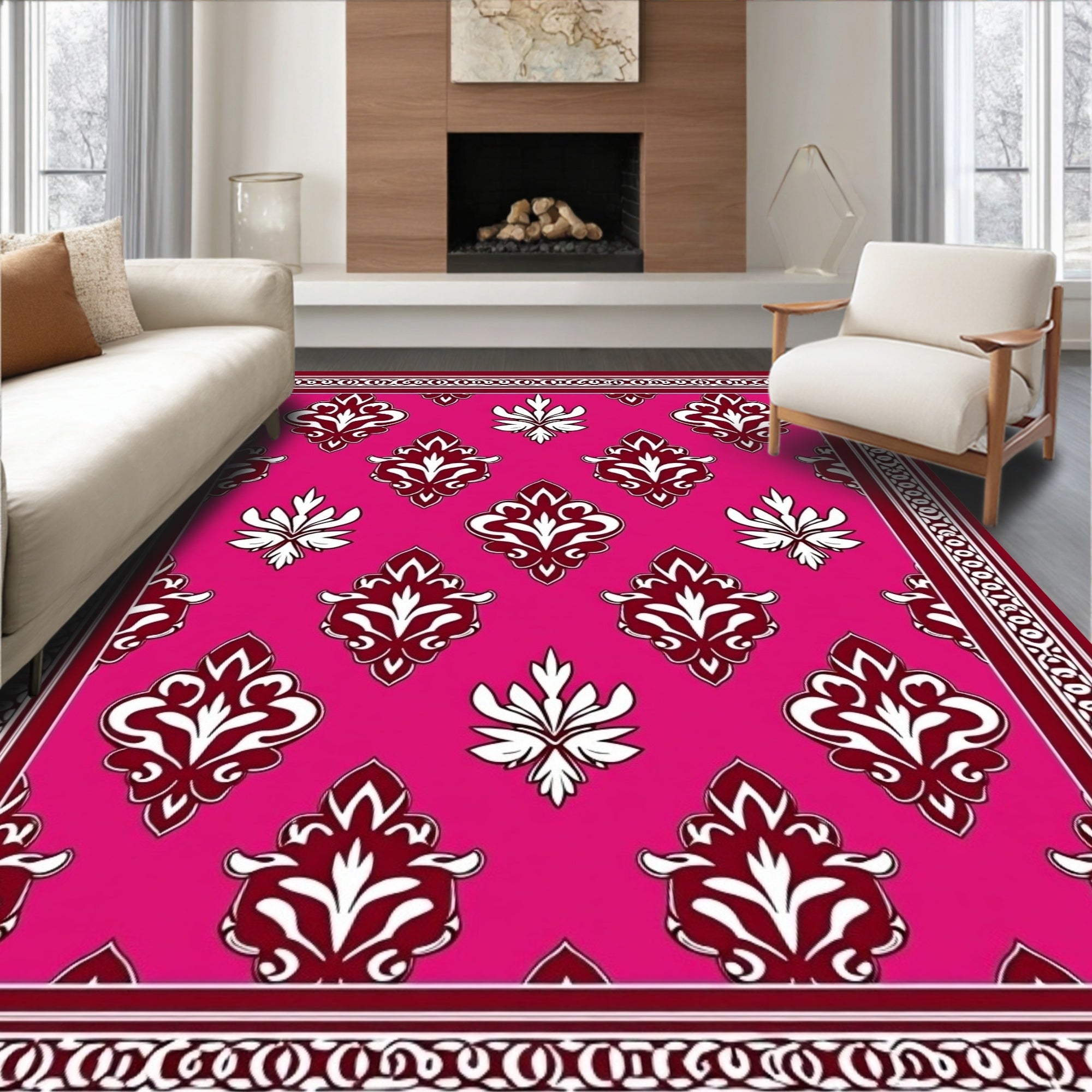 Rich Damask Pattern Pink Rug