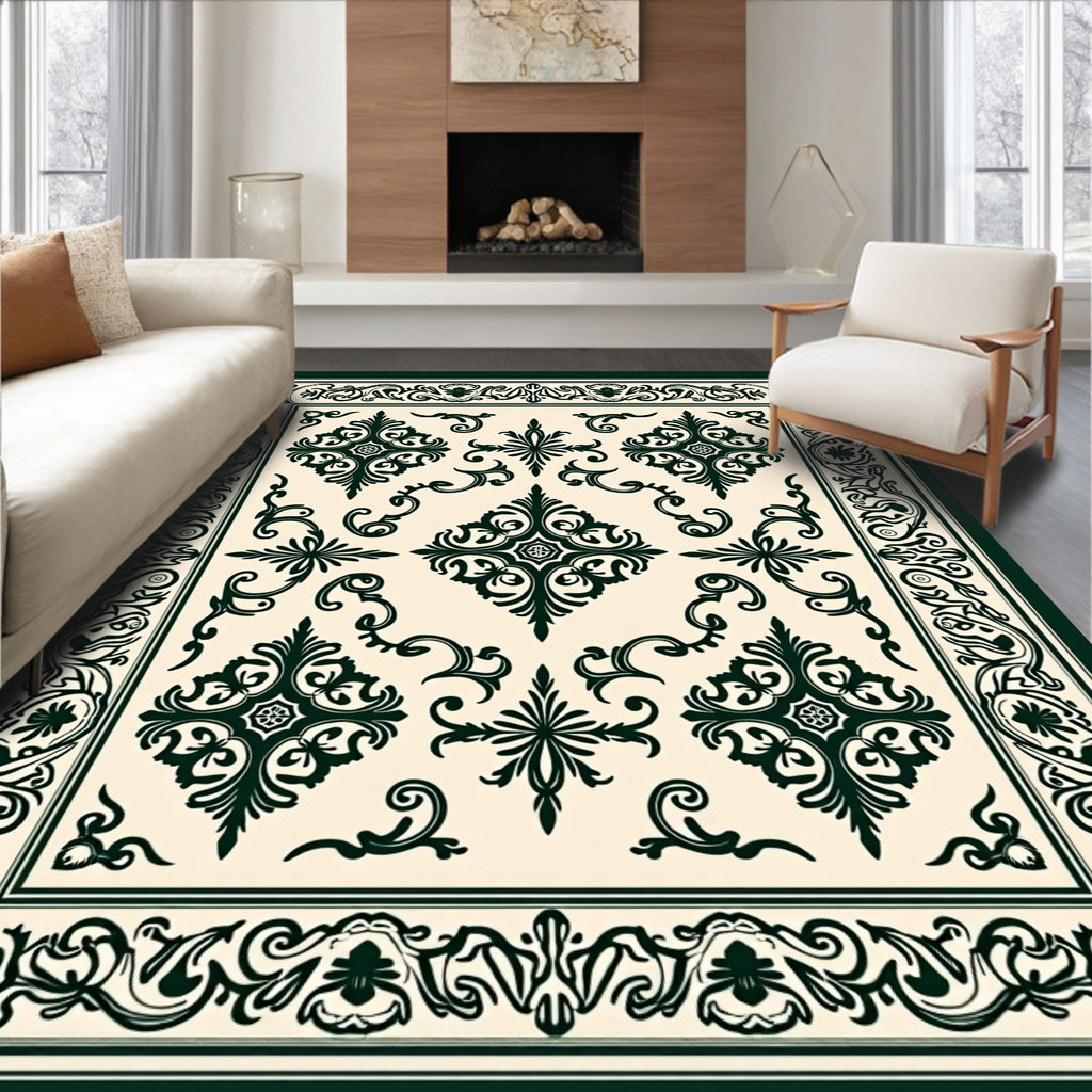 Ornate Dark Green Damask Pattern Rug
