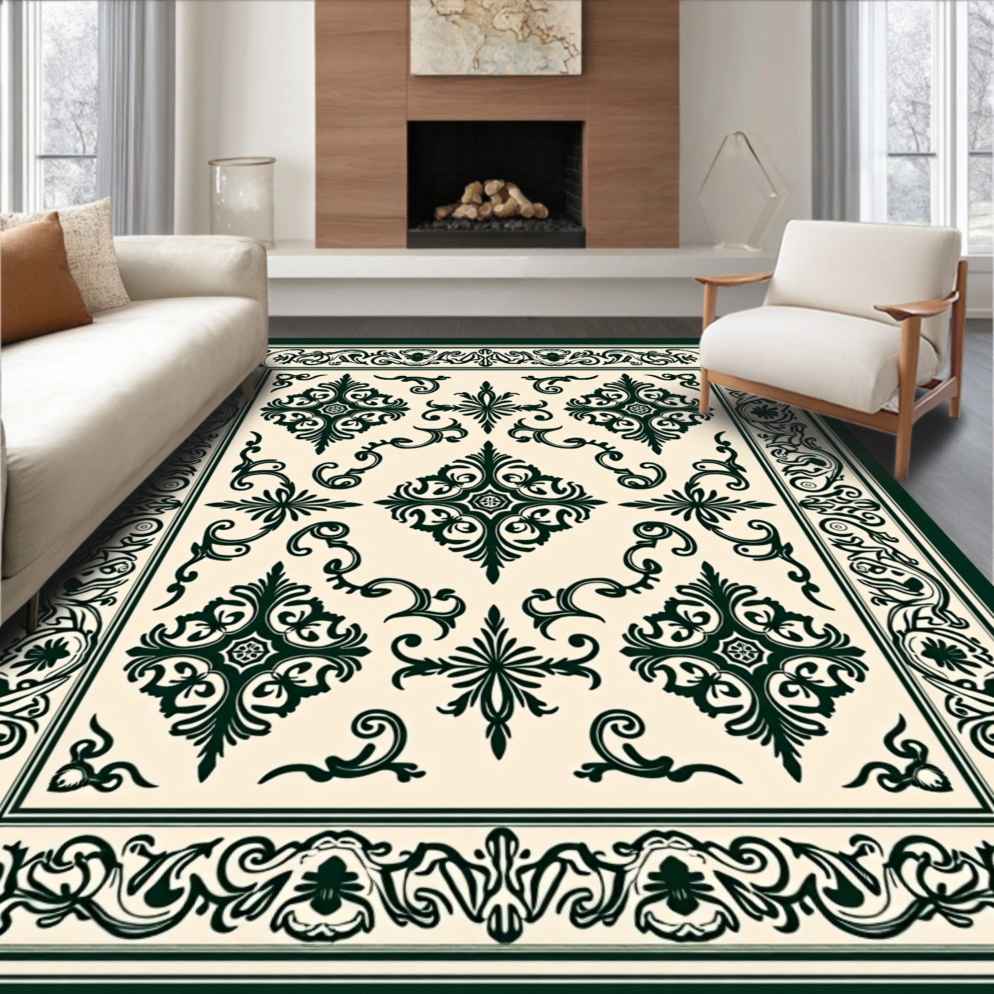 Ornate Dark Green Damask Pattern Rug