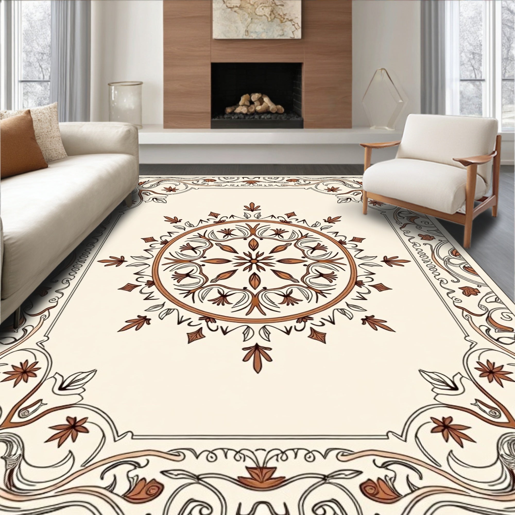 Intricate Floral Mandala Border Design Rug